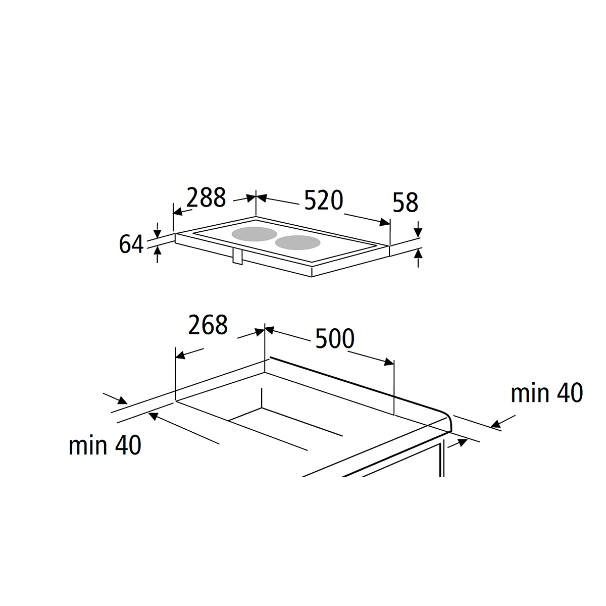 Diagramm eines Kochfeldes mit Abmessungen. Es hat zwei Brenner. Die Oberfläche ist schwarz.