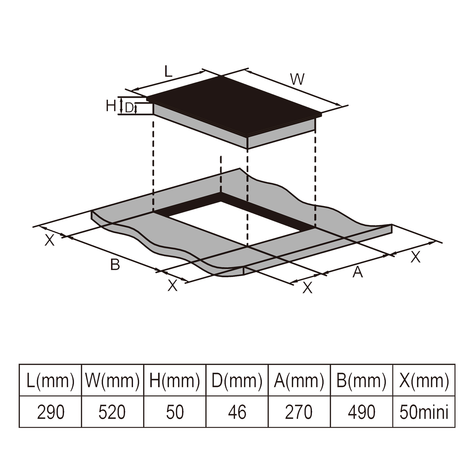 Diagramm eines schwarzen Rechtecks über einer grauen Form mit Maßen: L, B, H, D, A, B, X in mm.