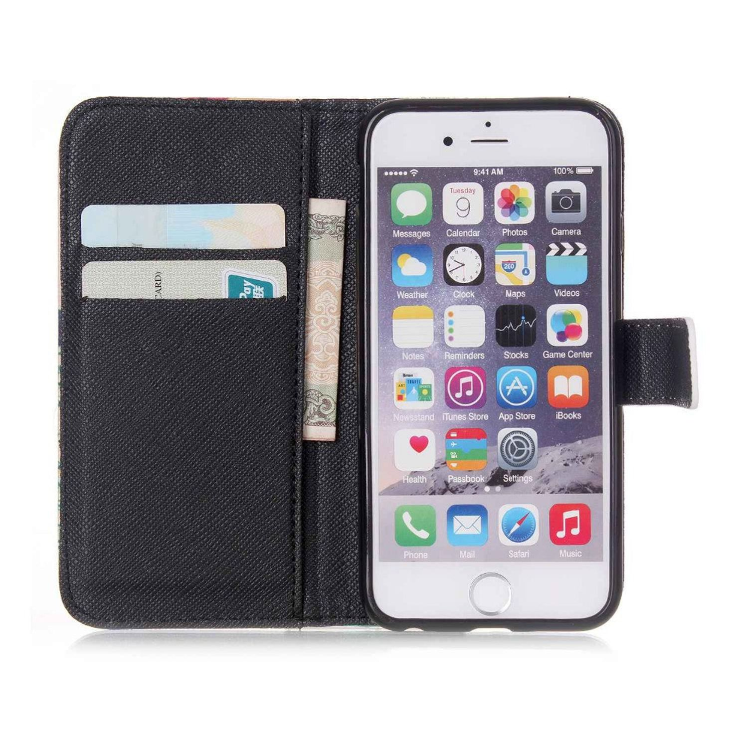 iPhone in einer schwarzen Brieftasche, mit Karten und Bargeld. Der Bildschirm zeigt Apps.