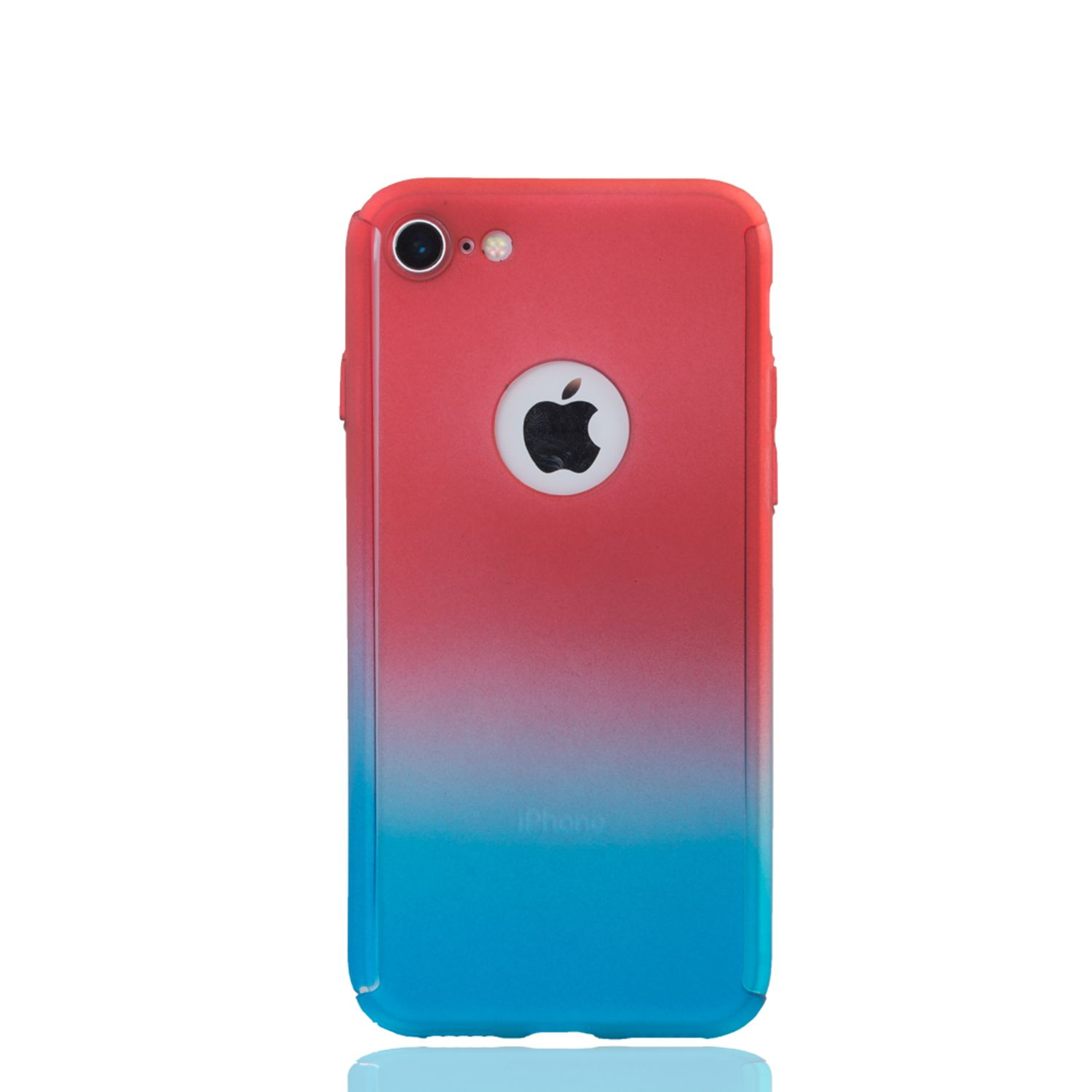 Rot-Blau-Farbverlauf-Handyhülle mit Apple-Logo. Kamera und Telefontasten sind sichtbar.