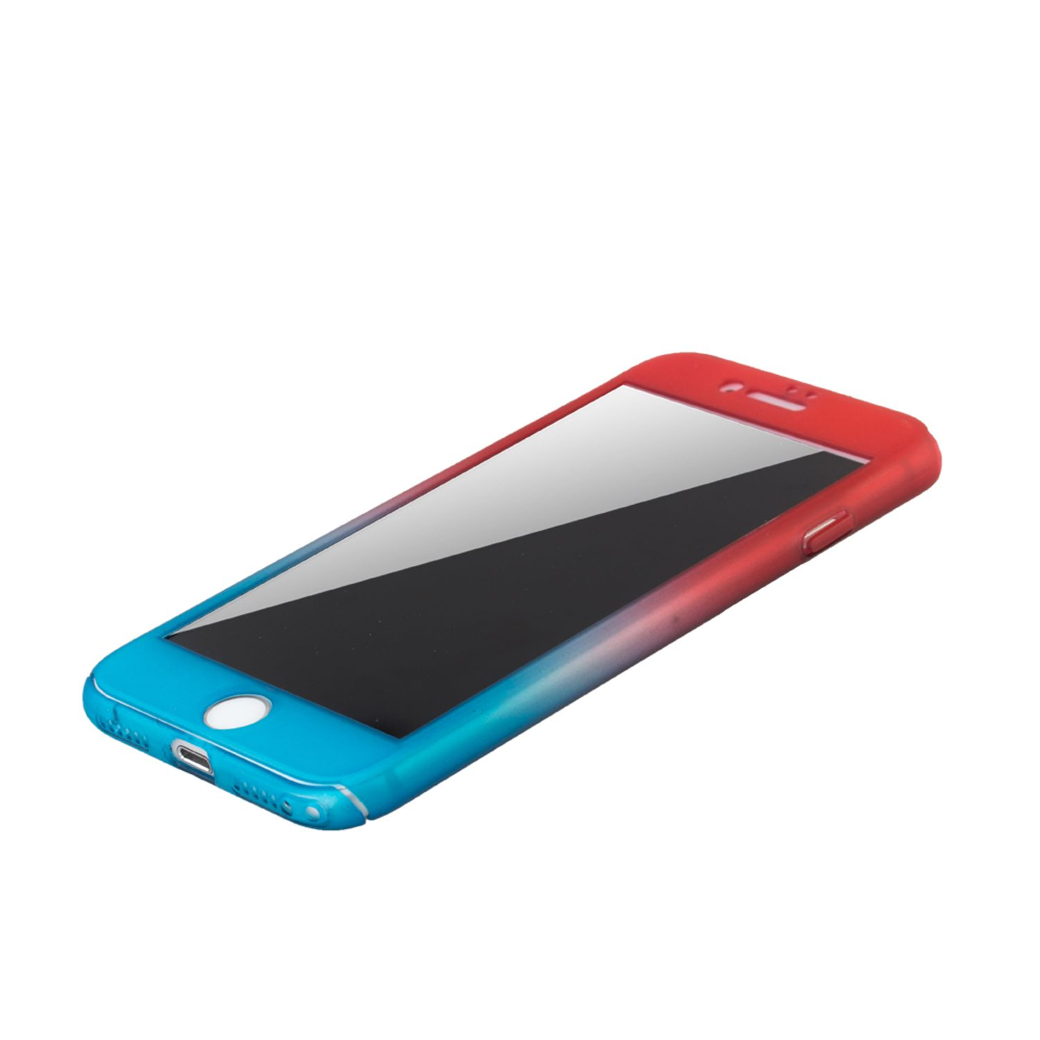 Ein Telefon in einer rot-blauen Hülle, das auf einer weißen Oberfläche liegt.