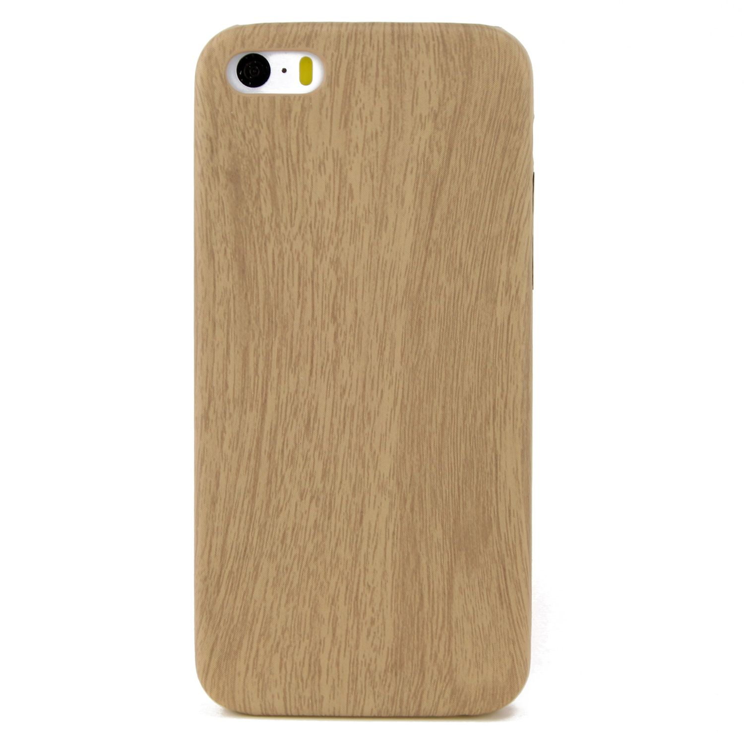 Eine Handyhülle mit Holzmaserung. Die Hülle ist hellbraun und rechteckig.