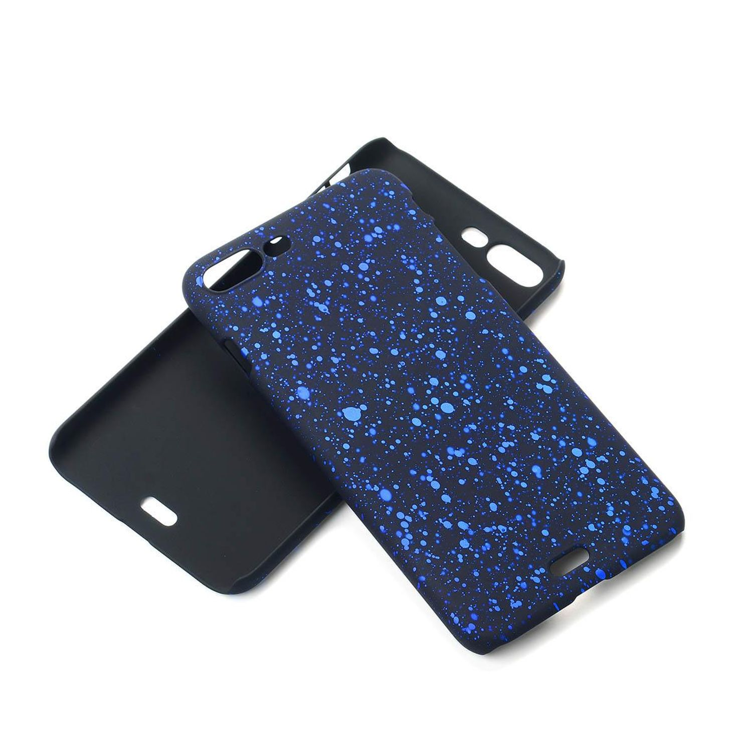Blaue Handyhülle mit weißen und blauen Punkten, schwarze Hülle.