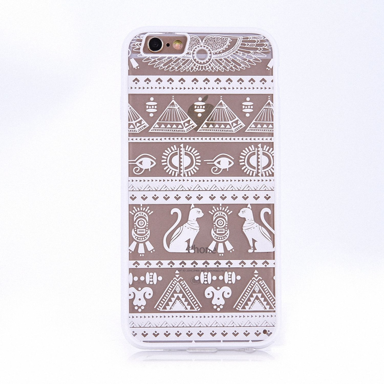 iPhone-Hülle mit altägyptischem Design. Beigefarbener Hintergrund mit weißen Hieroglyphen und Mustern.
