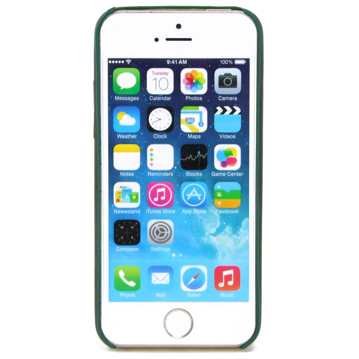 iPhone-Bildschirm mit App-Symbolen, darunter Nachrichten, Kamera und Kalender. Weißer Hintergrund.