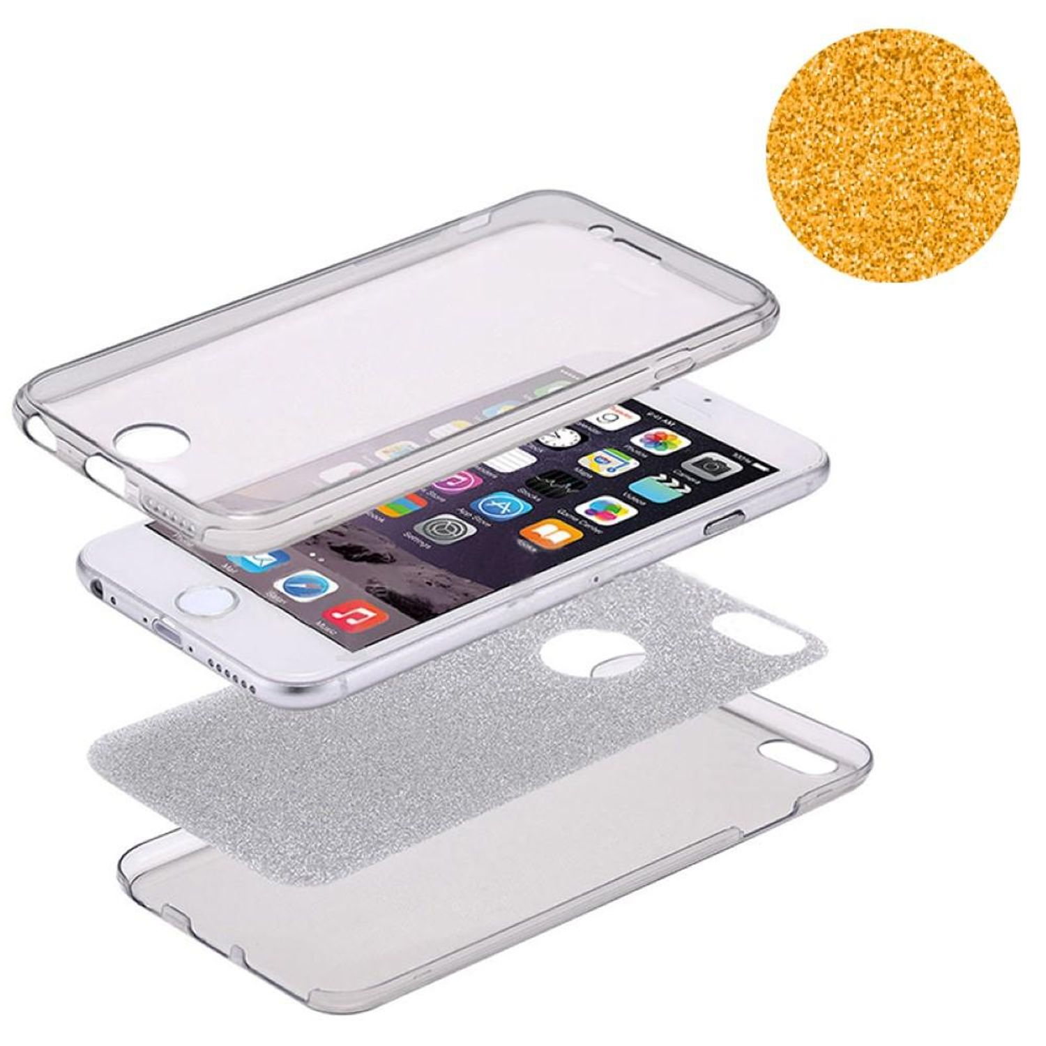 Telefon mit zerlegten Schichten. Transparente Abdeckung, silberner Glitzer und Telefon. Goldglitzerkreis rechts oben.