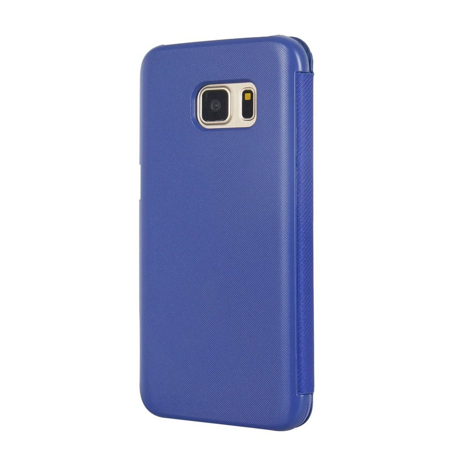 Blaue Handyhülle mit Telefon im Inneren. Zeigt die Rückseite des Telefons.