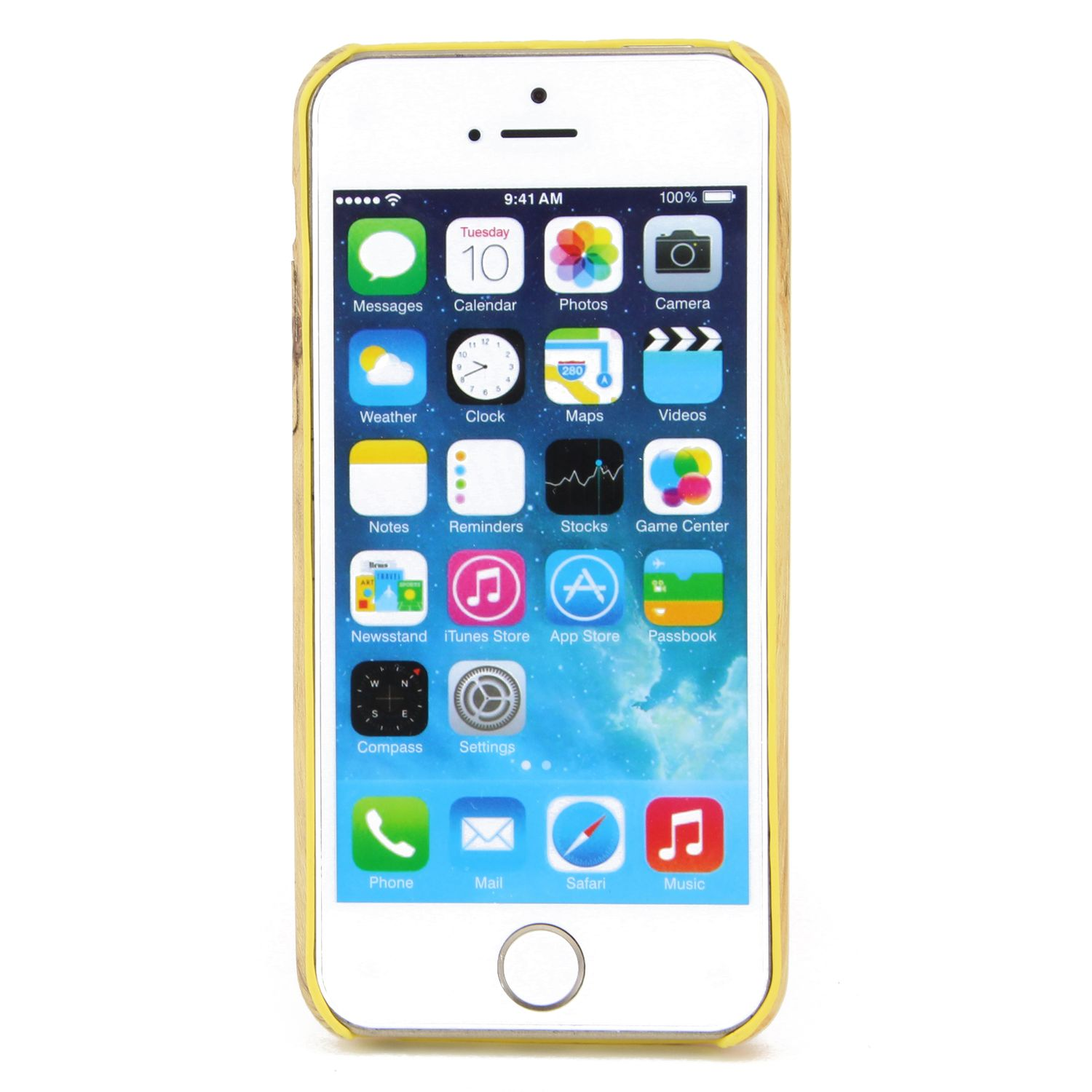iPhone 5 in gelbem Holz-Case. Apps auf dem Bildschirm, weißer Hintergrund.