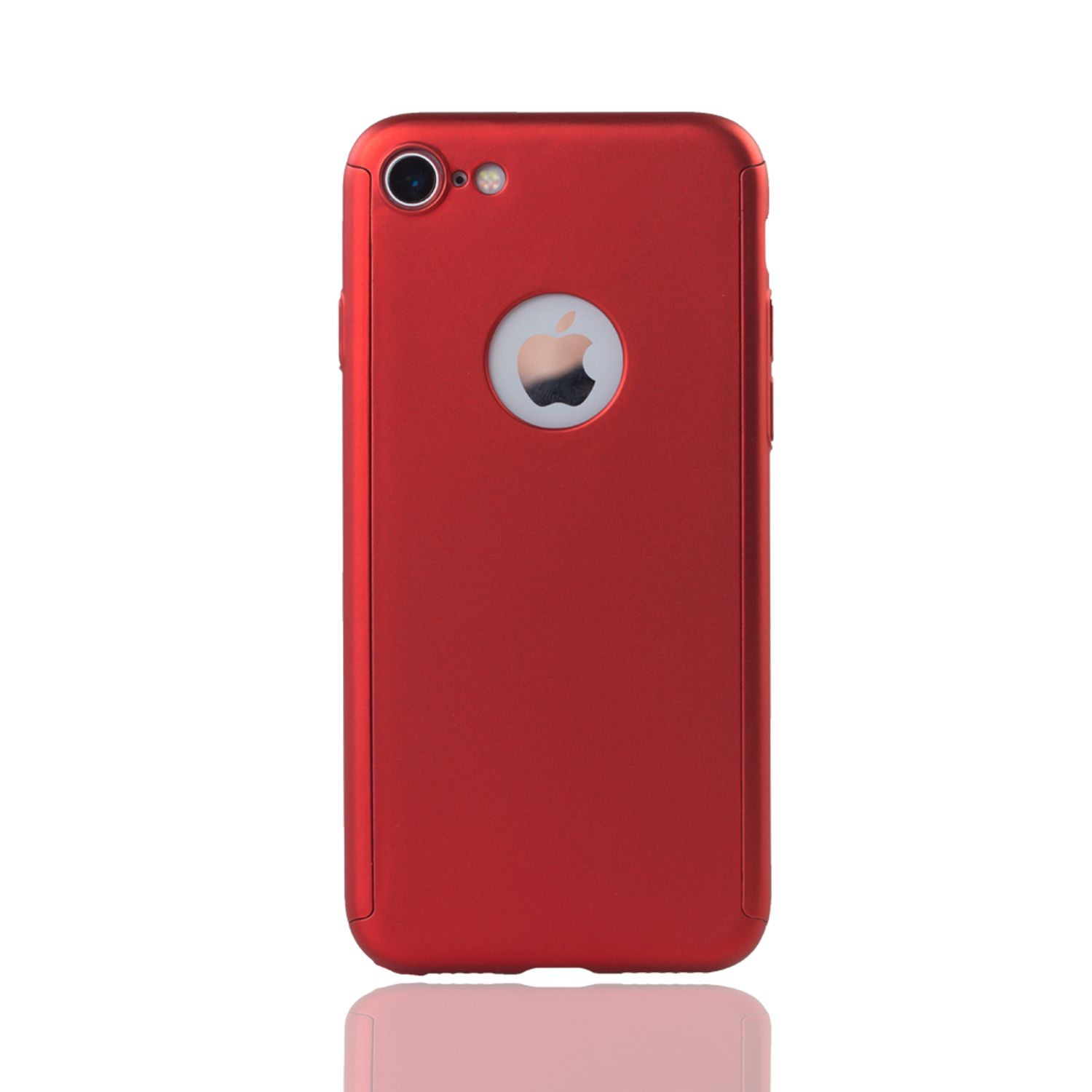 Eine rote iPhone-Hülle mit Apple-Logo-Ausschnitt und reflektierender Oberfläche auf weißem Hintergrund.
