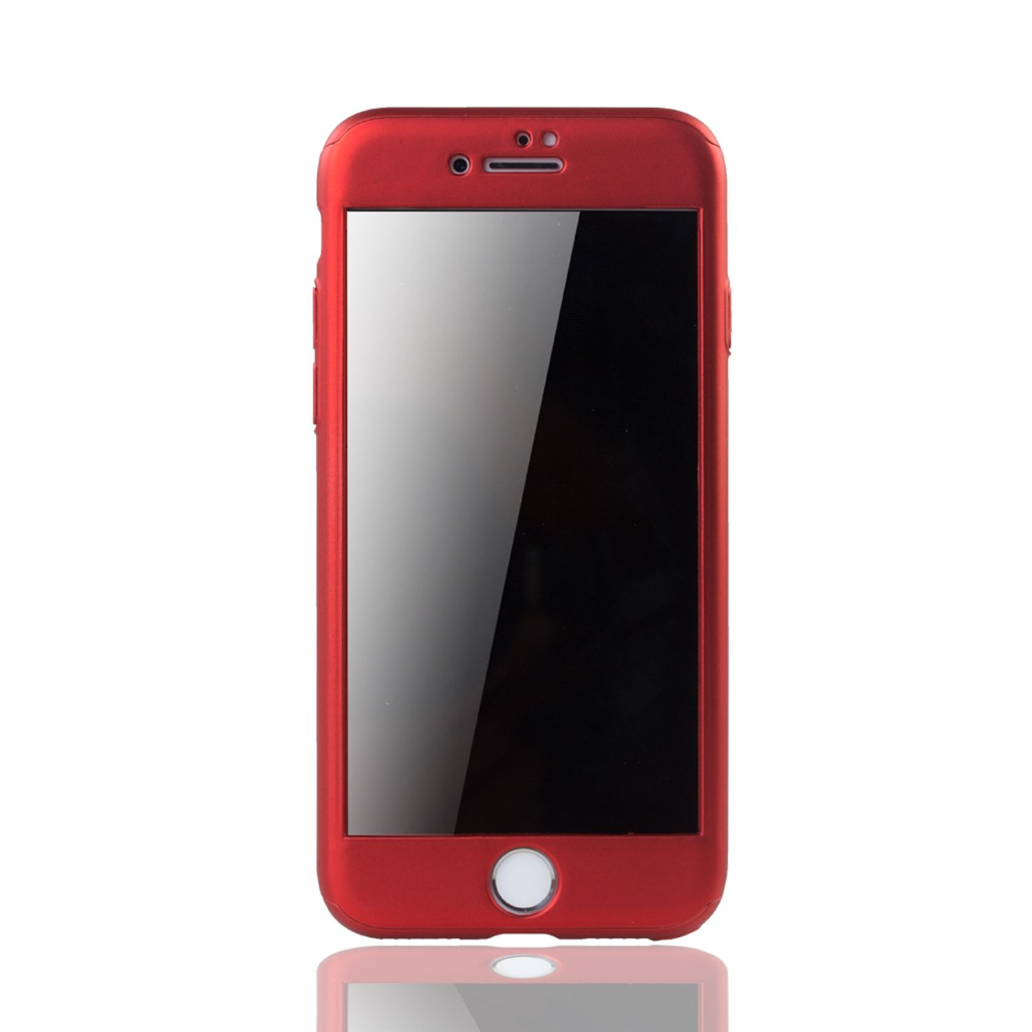 Ein rotes Telefon in einer Hülle. Die Hülle hat Kamera- und Knopfausschnitte. Der Bildschirm ist dunkel.