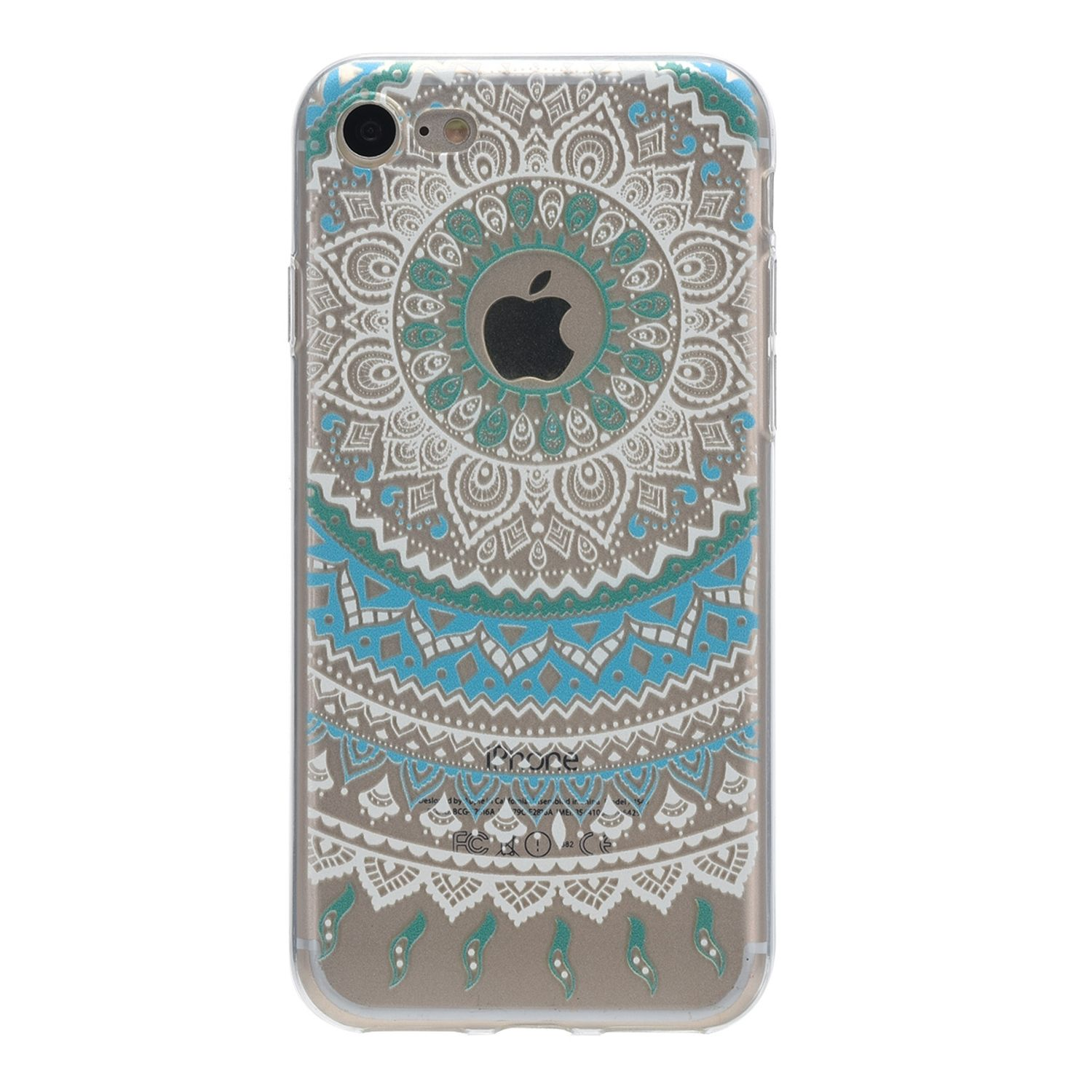 Transparente Handyhülle mit Mandala-Design. Die Hülle befindet sich auf einem Telefon, vor weißem Hintergrund.