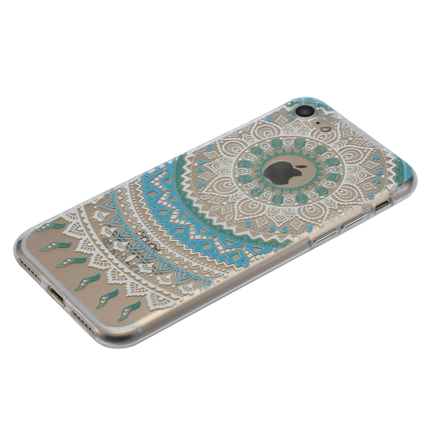 Handyhülle mit türkisem Mandala-Design. Das Telefon liegt auf einer weißen Oberfläche.