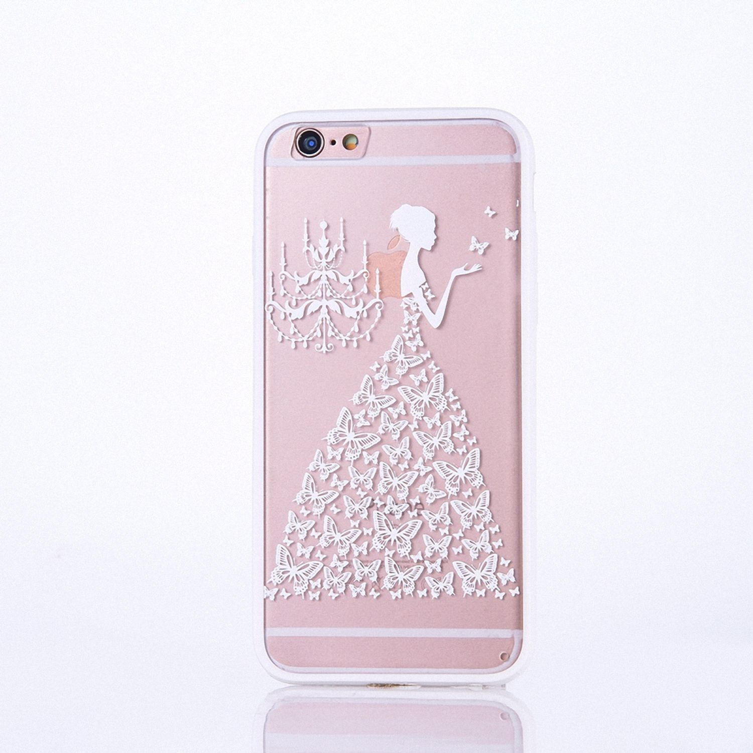 iPhone-Hülle mit einer Frau und Schmetterlingen. Eine Frau in einem Kleid setzt Schmetterlinge frei.