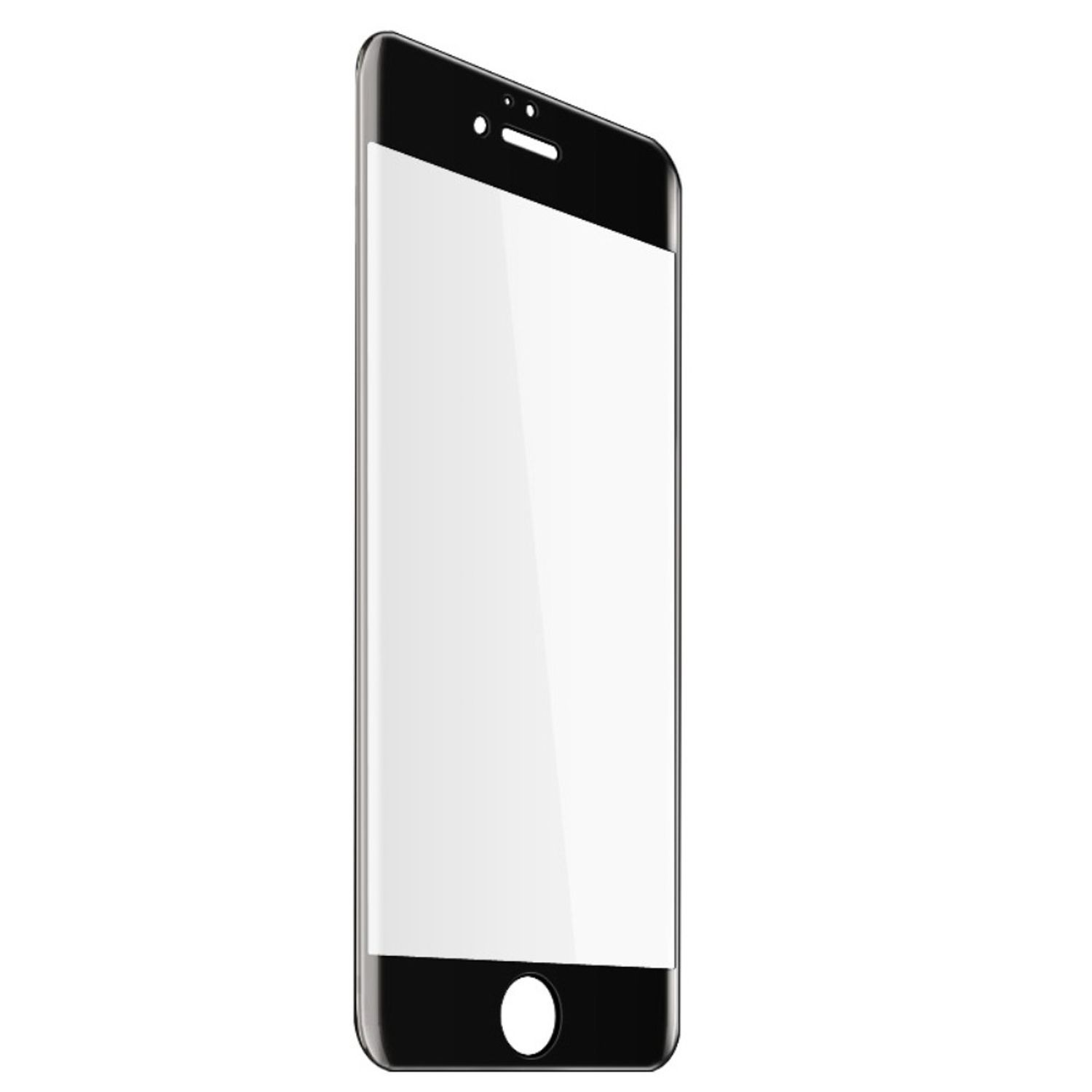 Ein schwarzes Smartphone mit weißem Bildschirm steht aufrecht. Es hat abgerundete Ecken und eine Frontkamera.