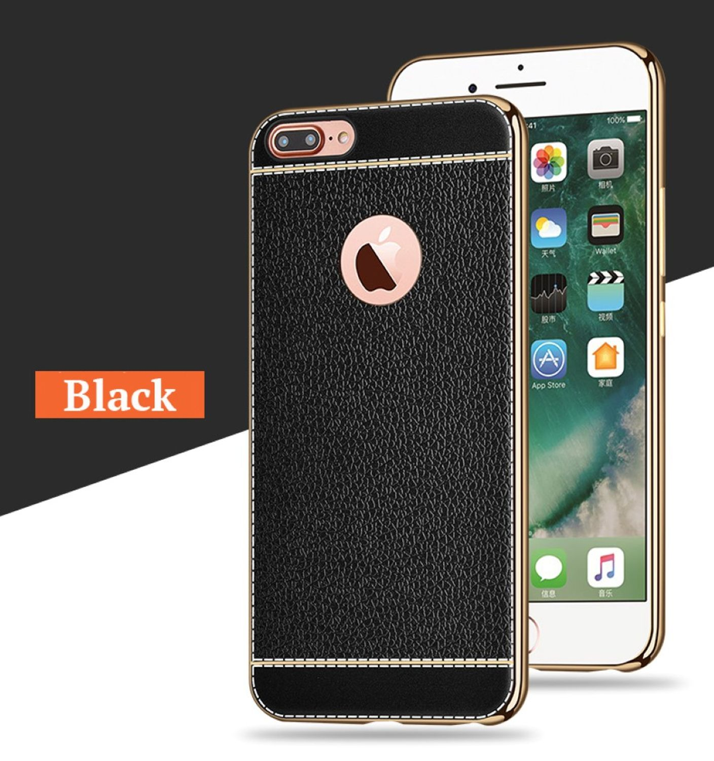 Schwarze Leder-Handyhülle mit goldenem Rand und ein Telefon. Das Wort "Black" steht in einer Box.