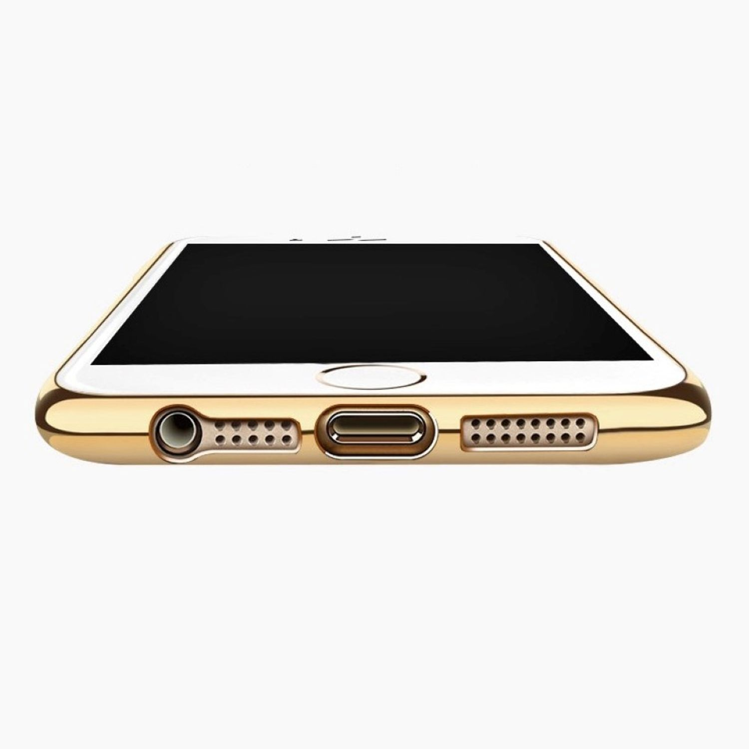 Goldfarbener Telefonboden mit Lautsprecherlöchern, Ladeanschluss und Kopfhöreranschluss vor weißem Hintergrund.