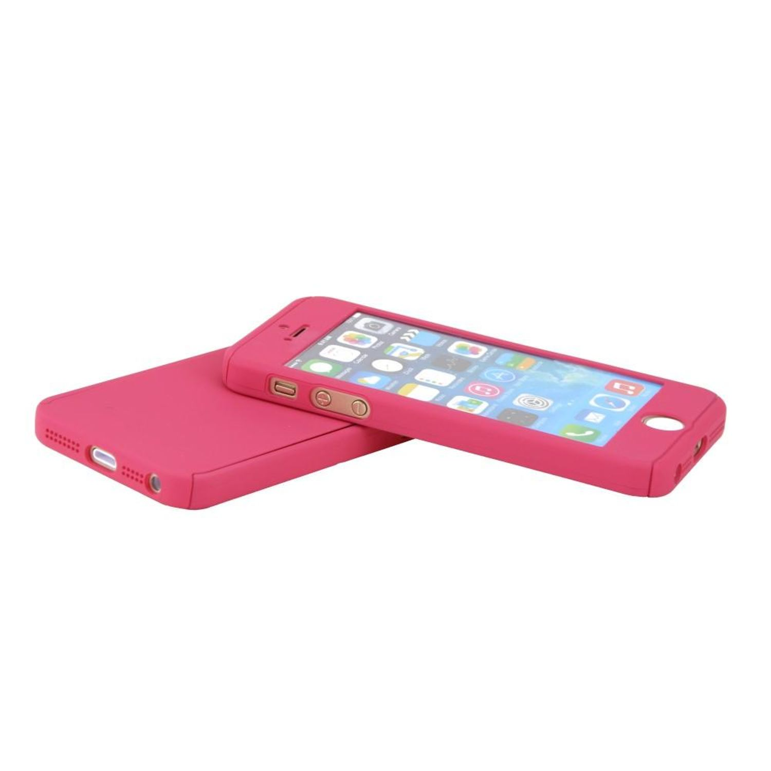 Rosa Telefon mit rosafarbener Hülle. Das Telefon liegt auf der Seite, die Hülle daneben.
