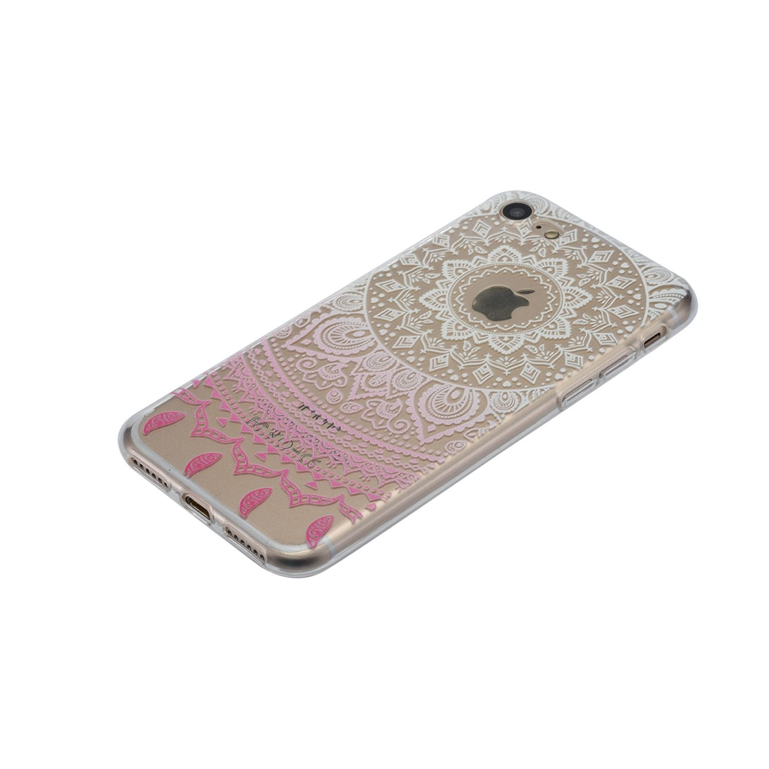 Handyhülle mit dekorativem Design auf der Rückseite. Weiße und rosa Muster.