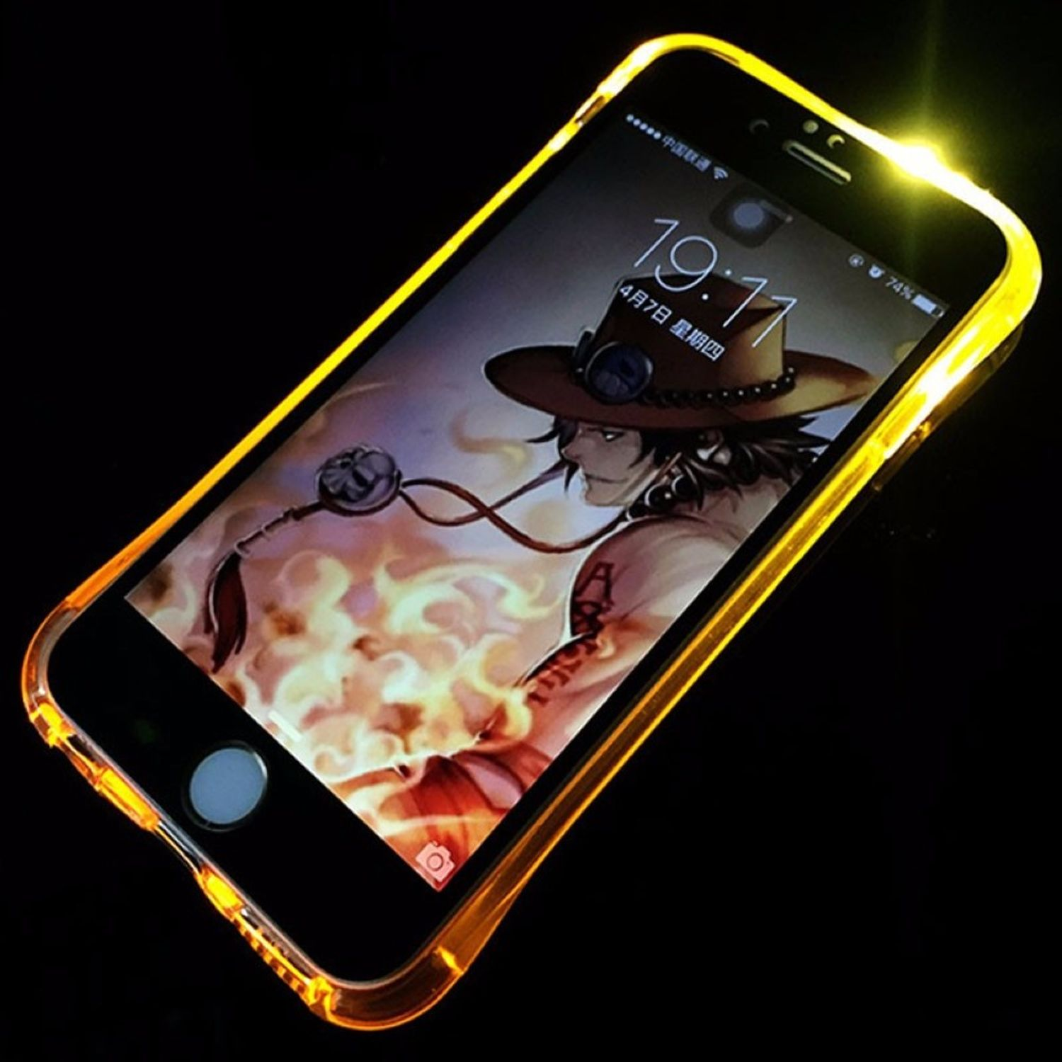 Beleuchtetes Telefon mit Cartoon-Charakter-Illustration. Orange leuchtender Umriss. Schwarzer Hintergrund.