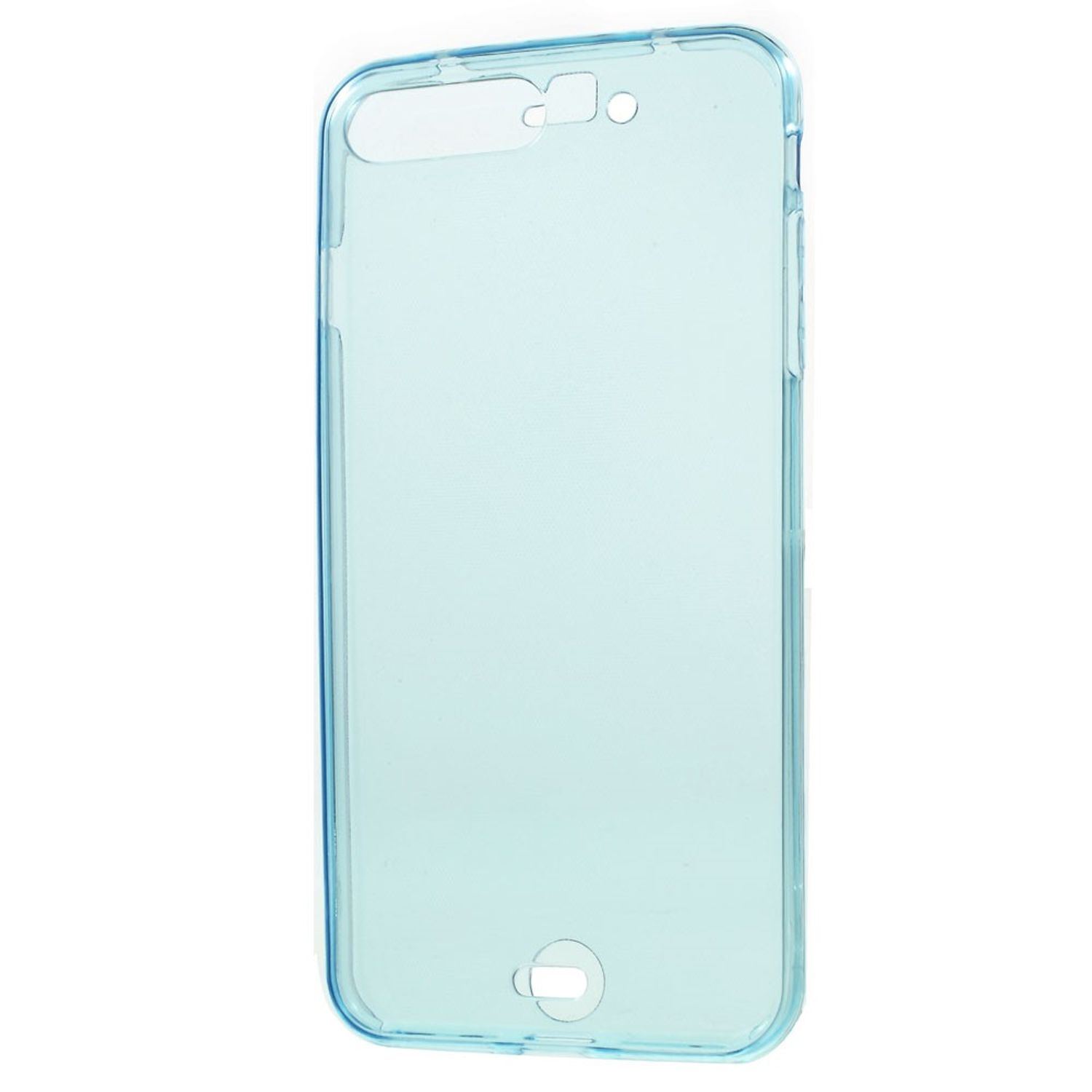 Eine hellblaue transparente Handyhülle mit Aussparungen für Knöpfe und Kamera.