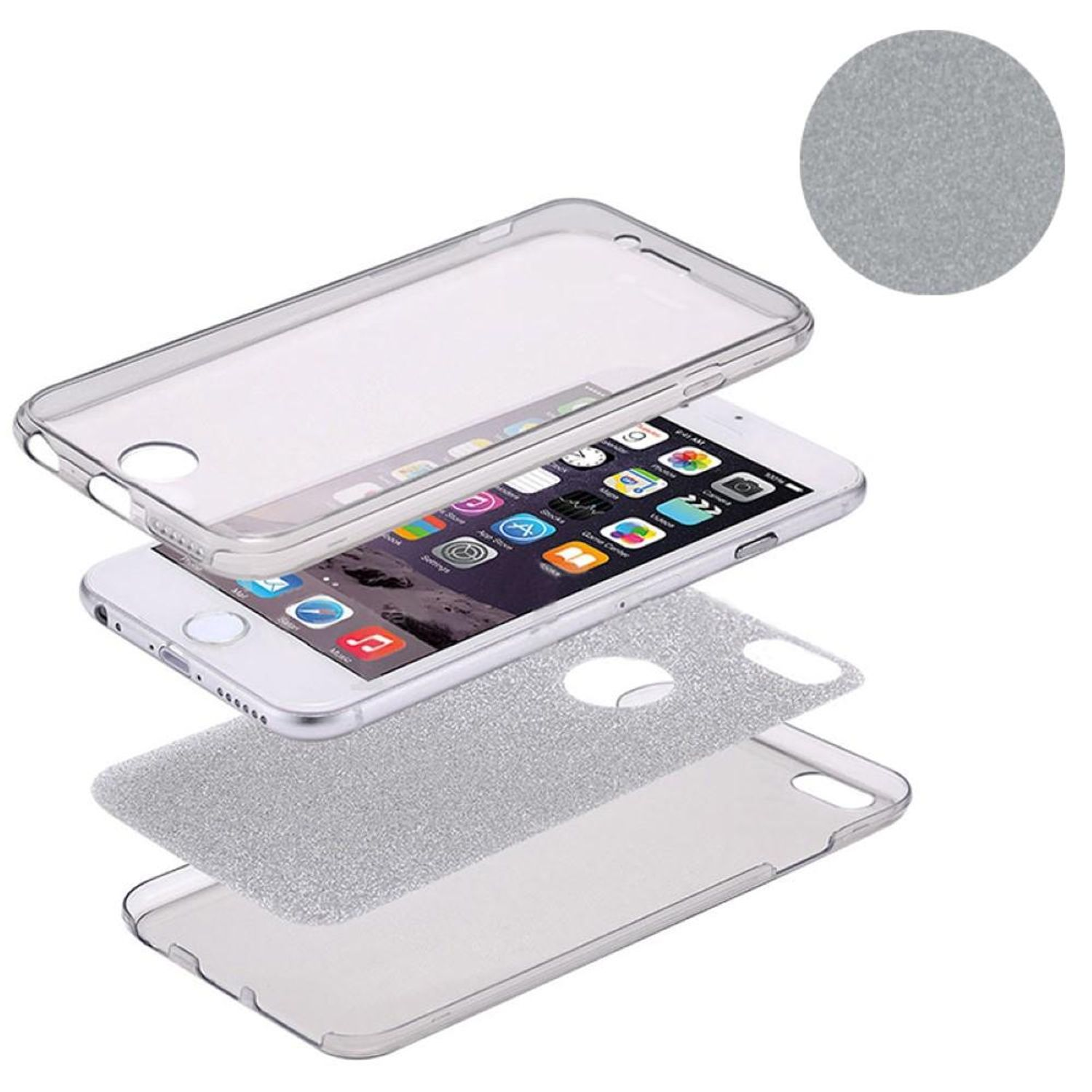 Telefon mit Schichten. Das Bild zeigt ein Telefon mit verschiedenen Schichten: Abdeckung, Glitzerschicht und Hülle.