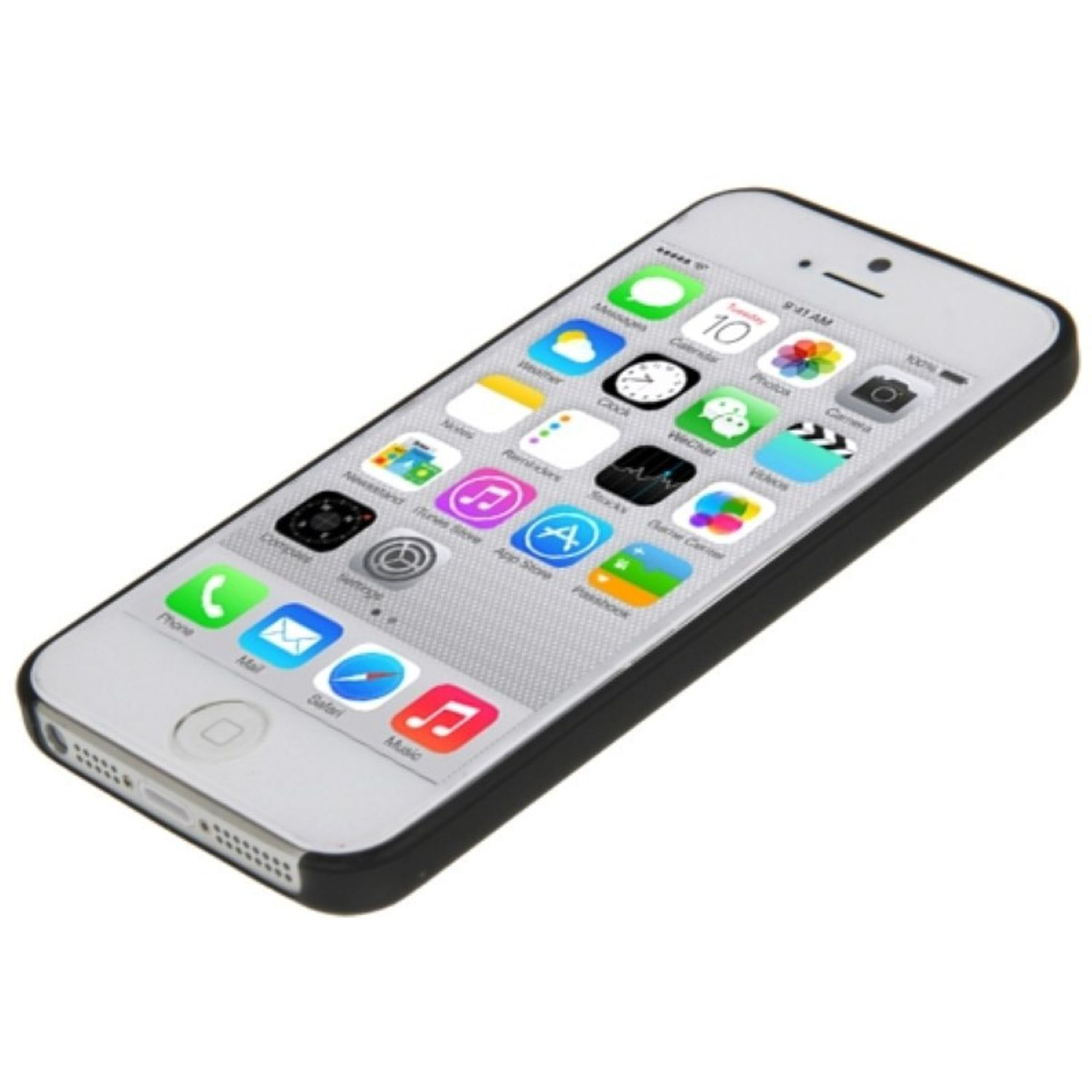 Weißes iPhone mit schwarzem Case. Der Bildschirm zeigt App-Symbole. Das Telefon ist abgewinkelt.