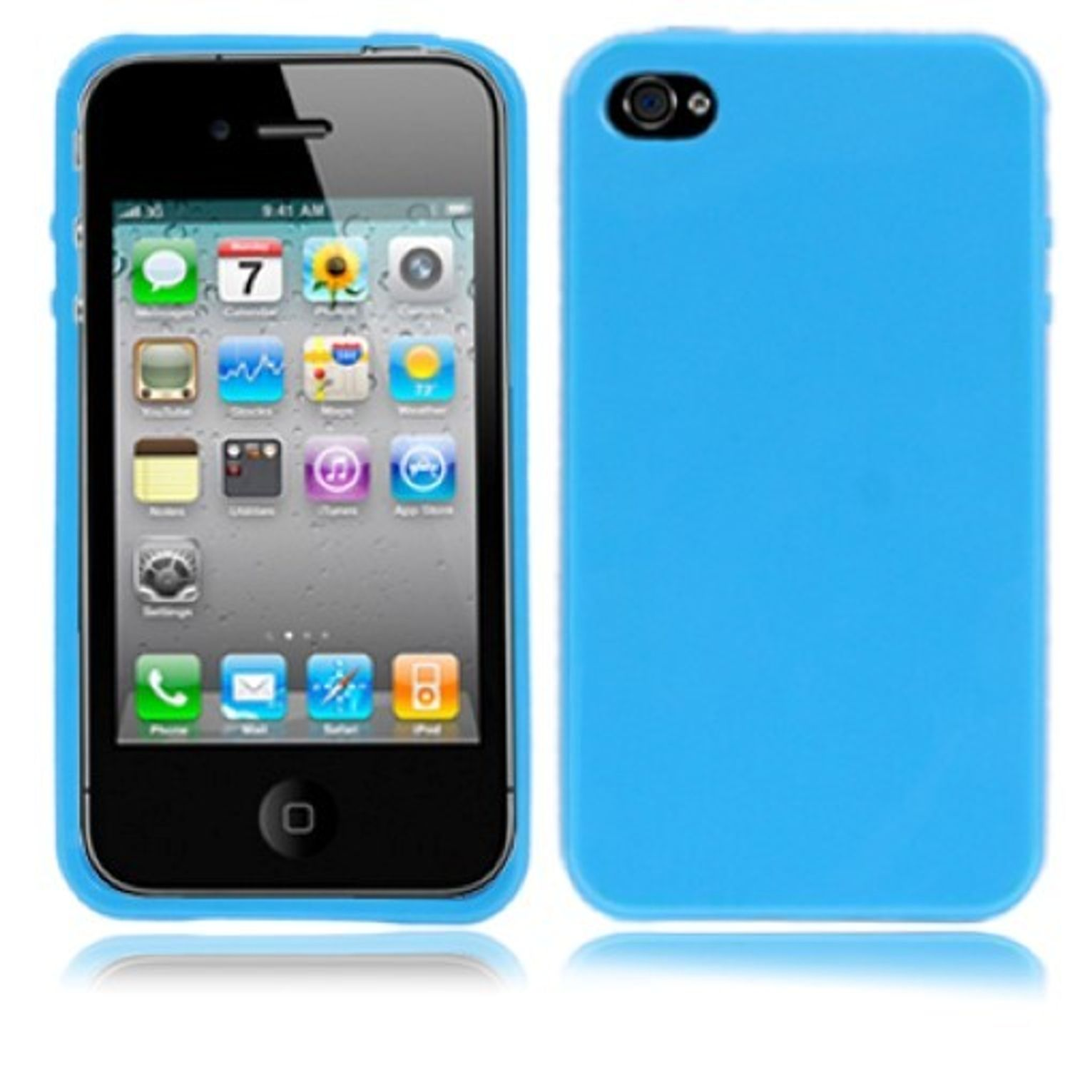 iPhone mit blauer Hülle. Die Hülle befindet sich auf der rechten Seite des Telefons. Weißer Hintergrund.