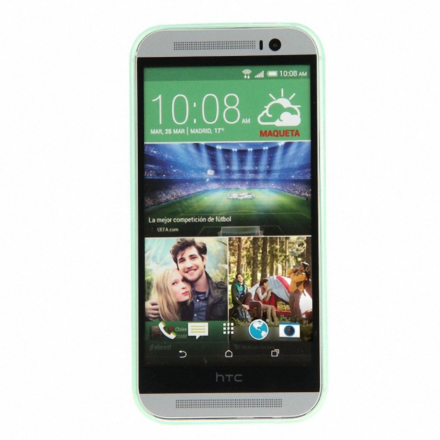 Ein Smartphone mit grünem Gehäuse. Der Bildschirm zeigt eine Uhr, Wetter und Fotos an.