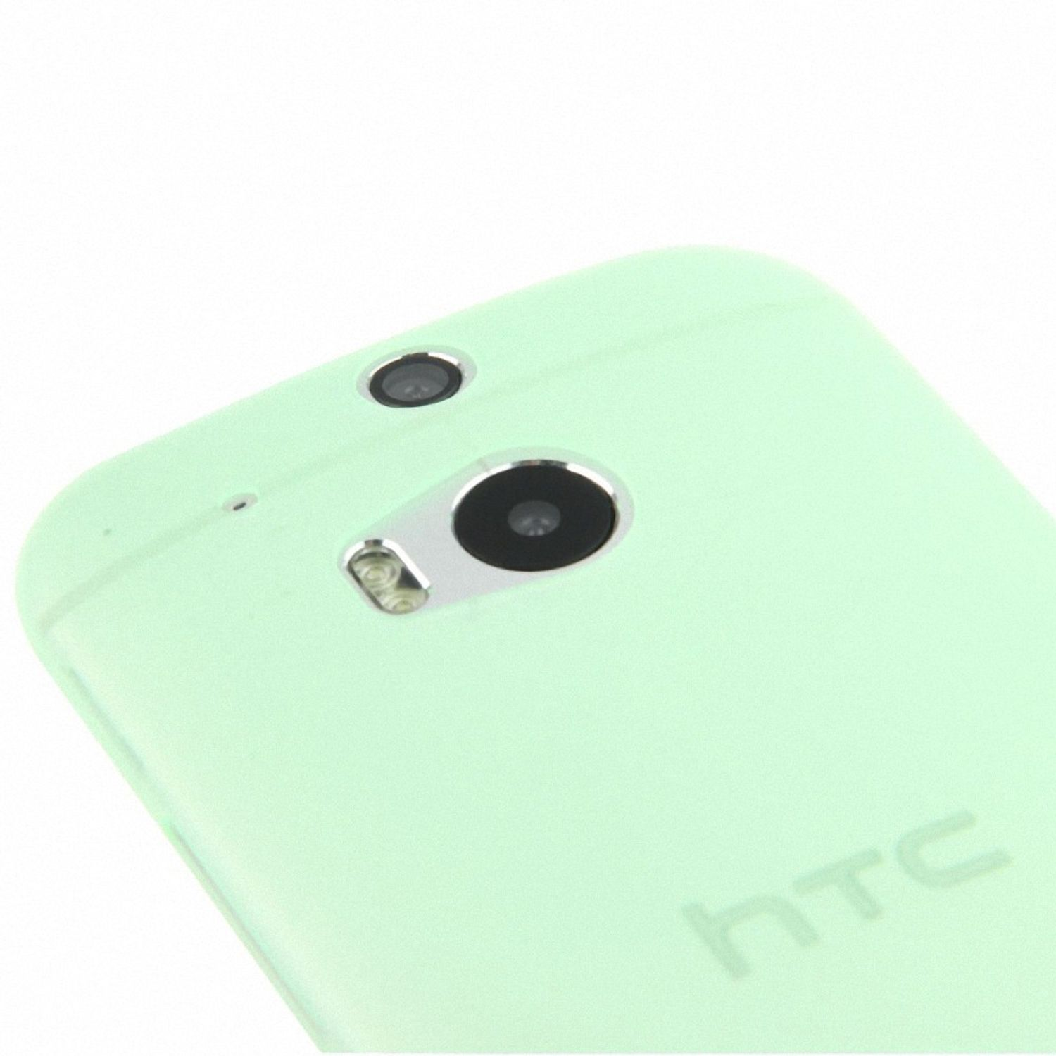 Ein hellgrünes Telefon mit Kamera und HTC-Logo.