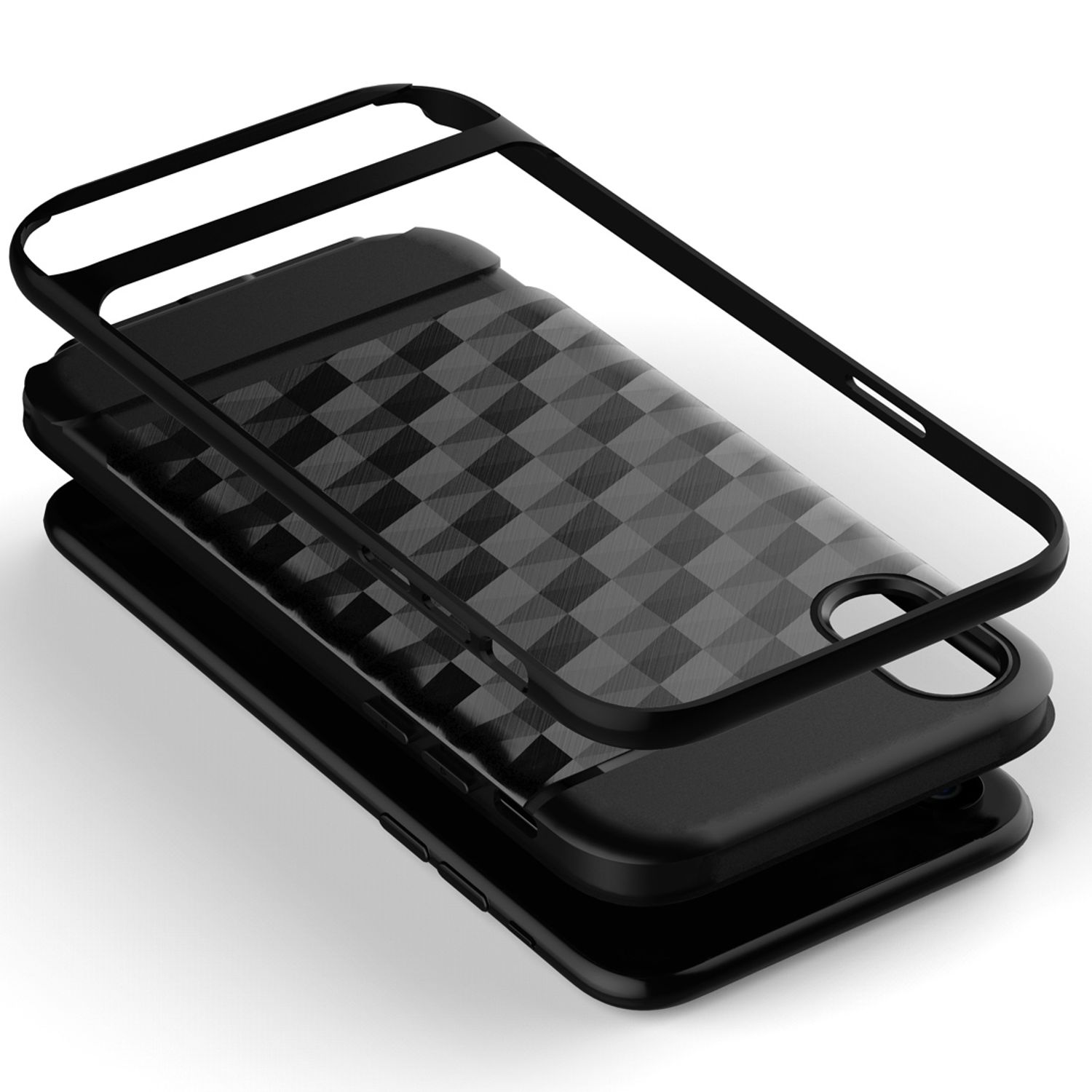 Schwarze Handyhülle mit Schichten. Die oberste Schicht ist transparent. Das Design ist schwarz kariert.