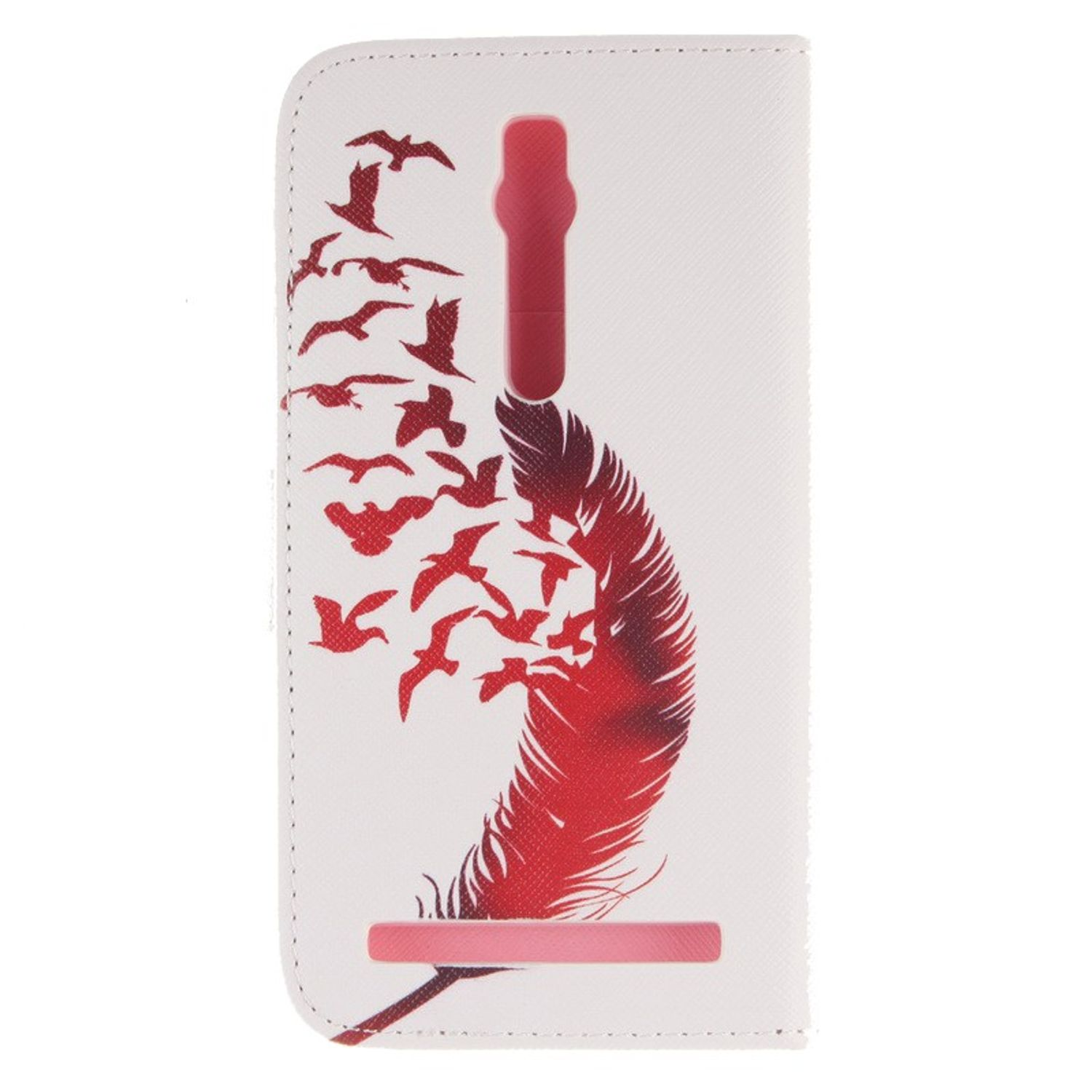 Weiße Handyhülle mit rotem Federdesign und fliegenden Vögeln. Unten ist ein Schlitz sichtbar.