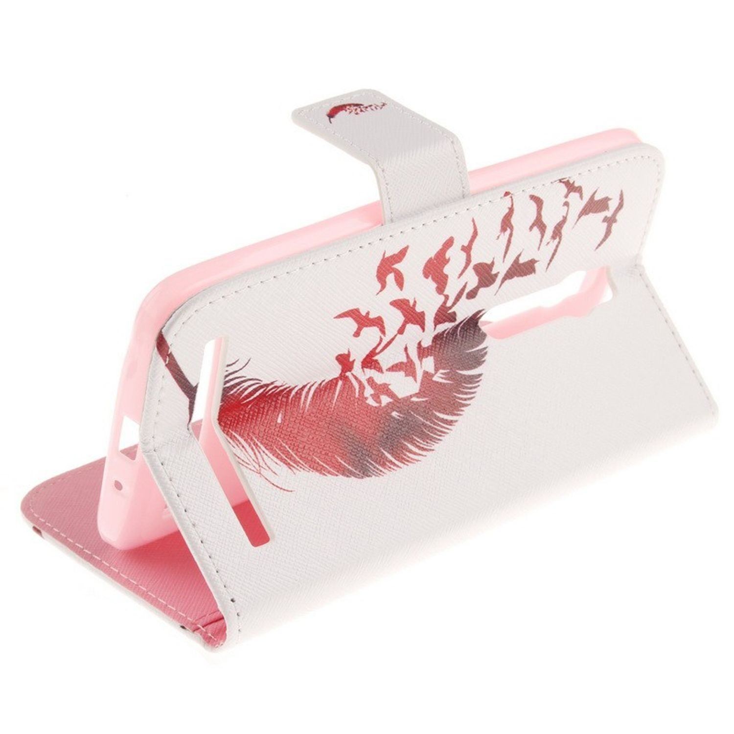 Eine weiß-rosa Handyhülle mit Federmotiv und Vögeln.