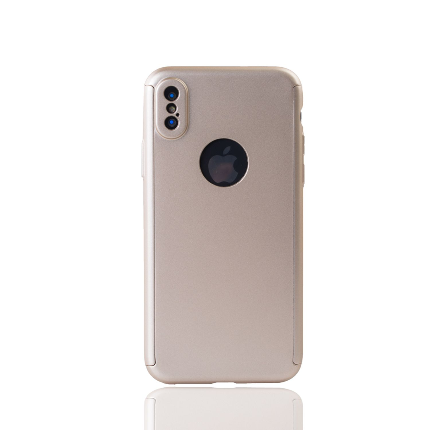 Eine goldene Handyhülle mit Dreifachkamera und Apple-Logo auf weißem Hintergrund.