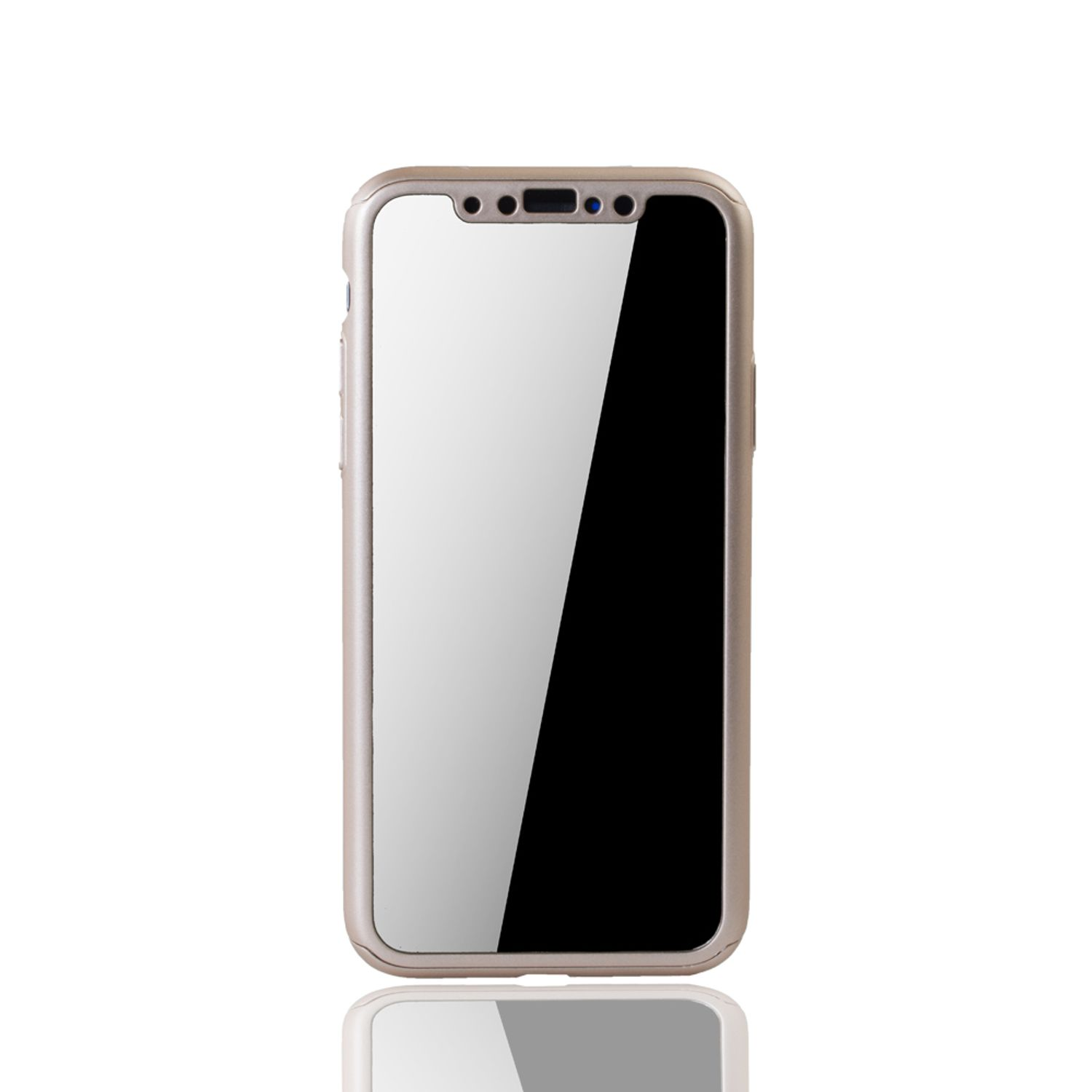 Telefon mit spiegelartigem Displayschutz, goldenem Gehäuse und schwarzem Bildschirm.