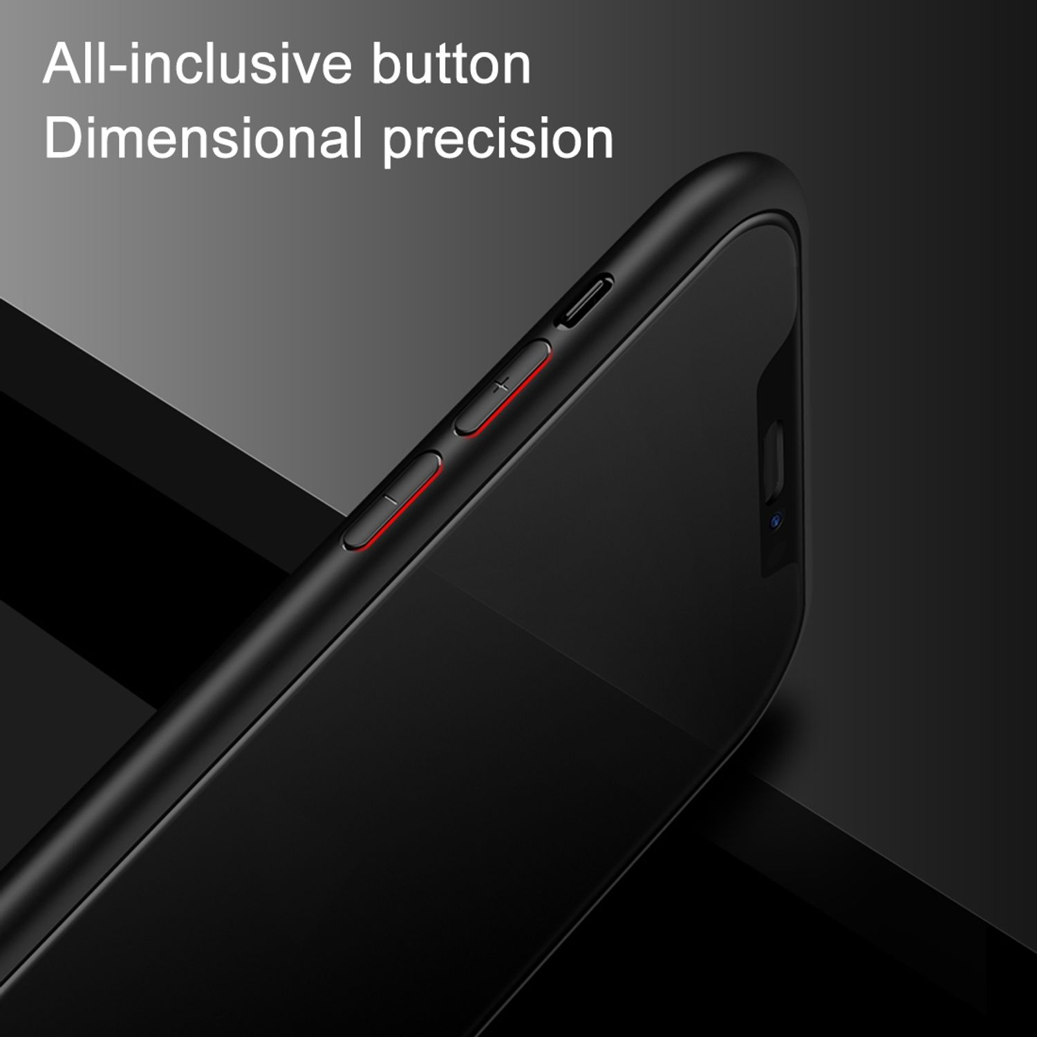 Schwarzes Telefon mit Hülle. Seitenansicht mit Lautstärketasten. Inklusive Taste.