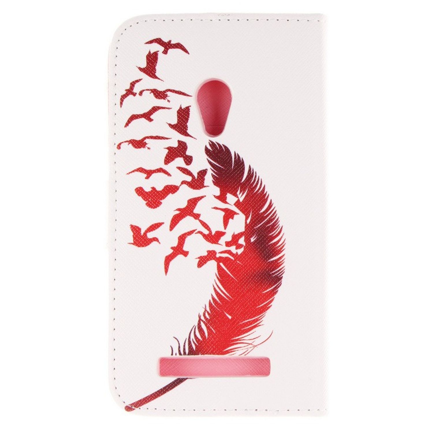 Weiße Handyhülle mit rotem Federdesign und Vogelschwarm, Abdeckung offen.