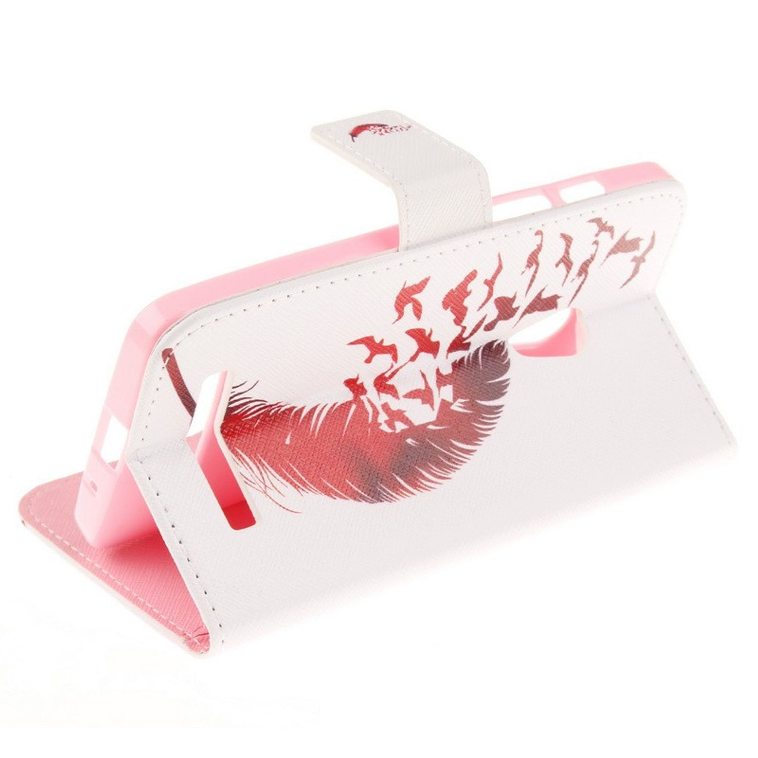 Weiße Handyhülle mit Feder- und Vogeldesign. Rosa Telefon innen.