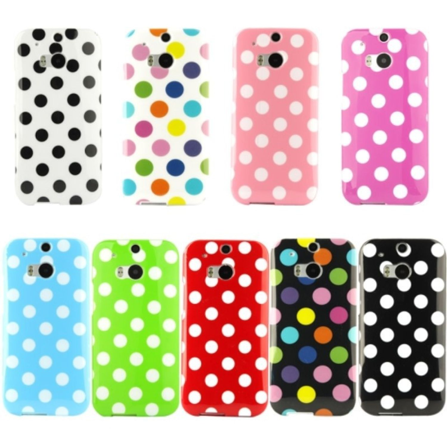 Neun bunte Handyhüllen mit Polka Dots. Unterschiedliche Farben und Polka Dot Anordnungen.