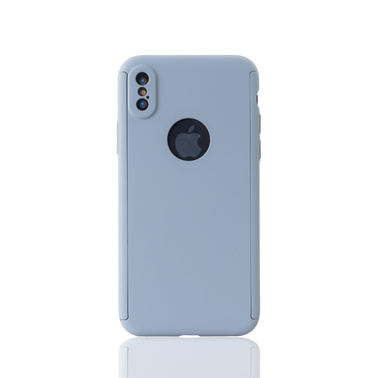 Eine hellblaue Handyhülle mit einem Apple-Logo auf der Rückseite. Es ist eine glatte Oberfläche.