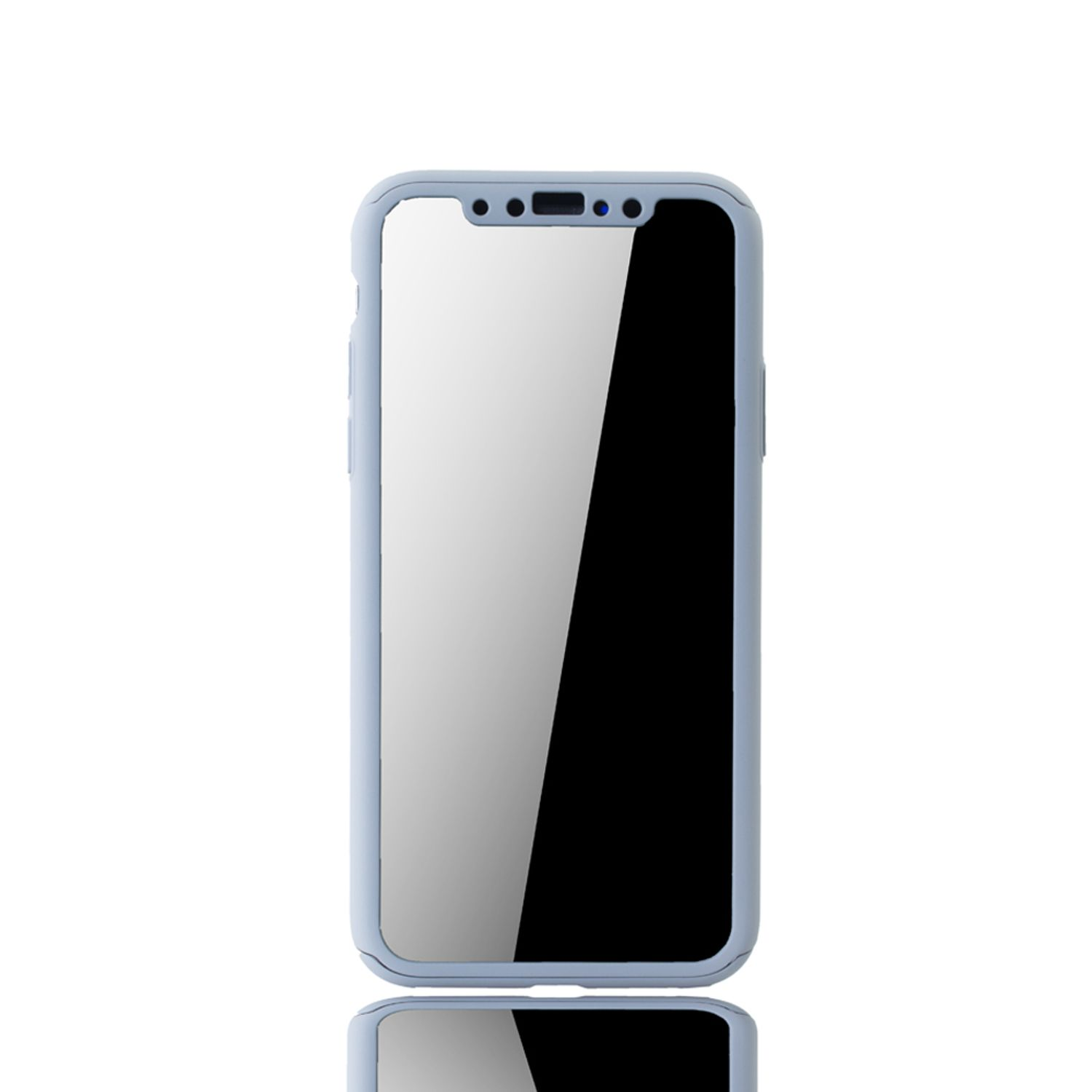 Telefon mit blauem Rahmen, schwarzer Bildschirm. Spiegelung unten. Weißer Hintergrund.