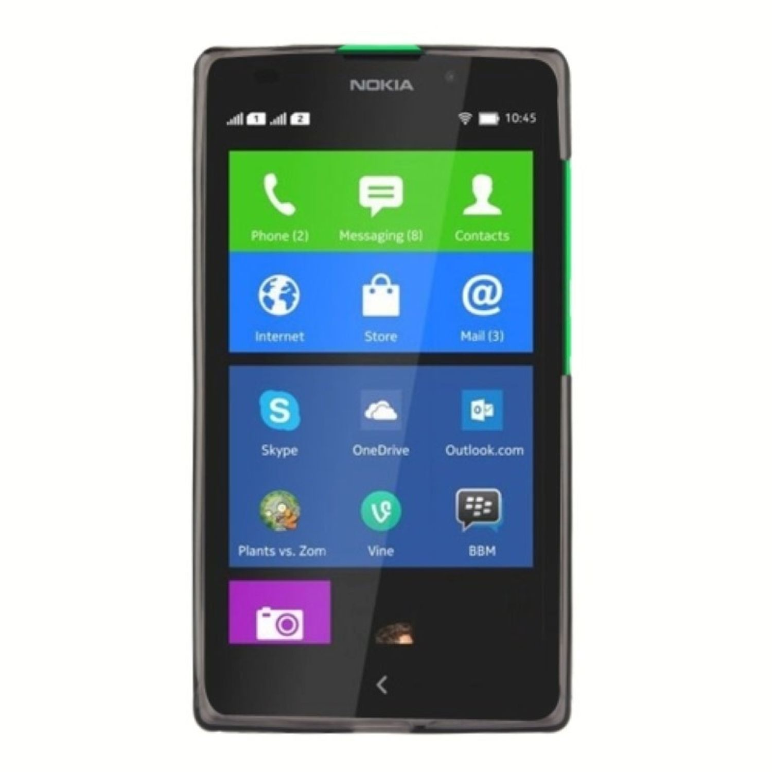 Ein Nokia-Telefon mit App-Symbolen auf dem Bildschirm. Grüner Rand. Weißer Hintergrund.