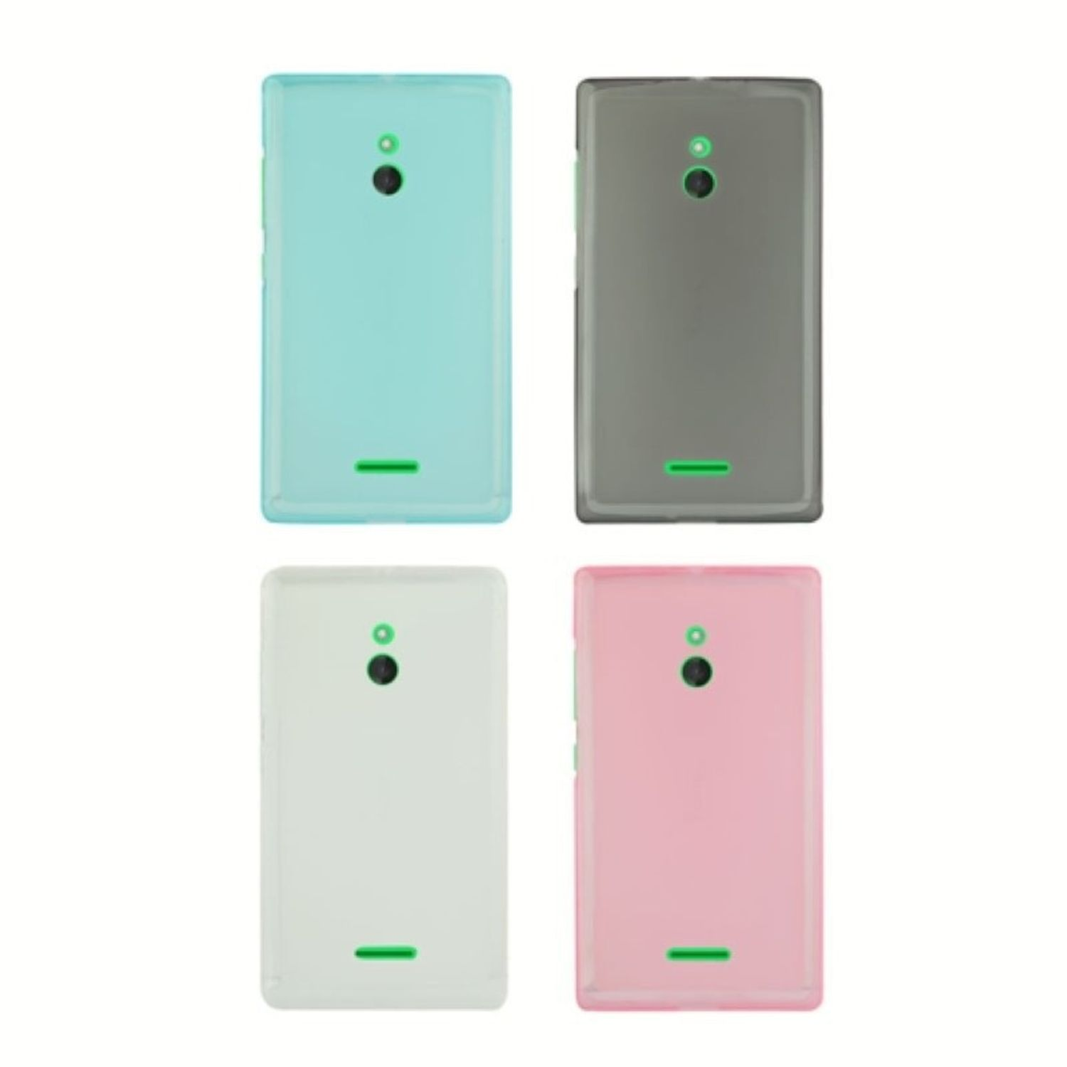 Vier Handyhüllen in verschiedenen Farben: Aqua, Grau, Weiß und Pink.