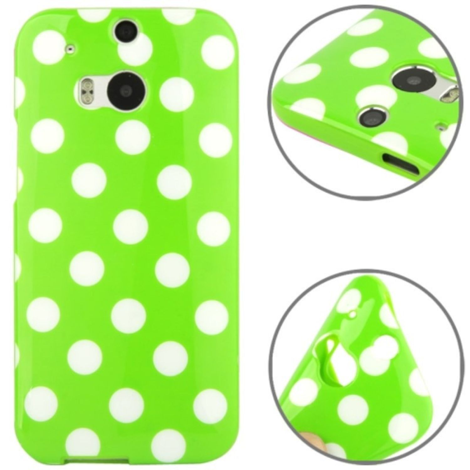 Eine grüne Handyhülle mit weißen Polka-Dots. Es gibt Nahaufnahmen der Hüllendetails.