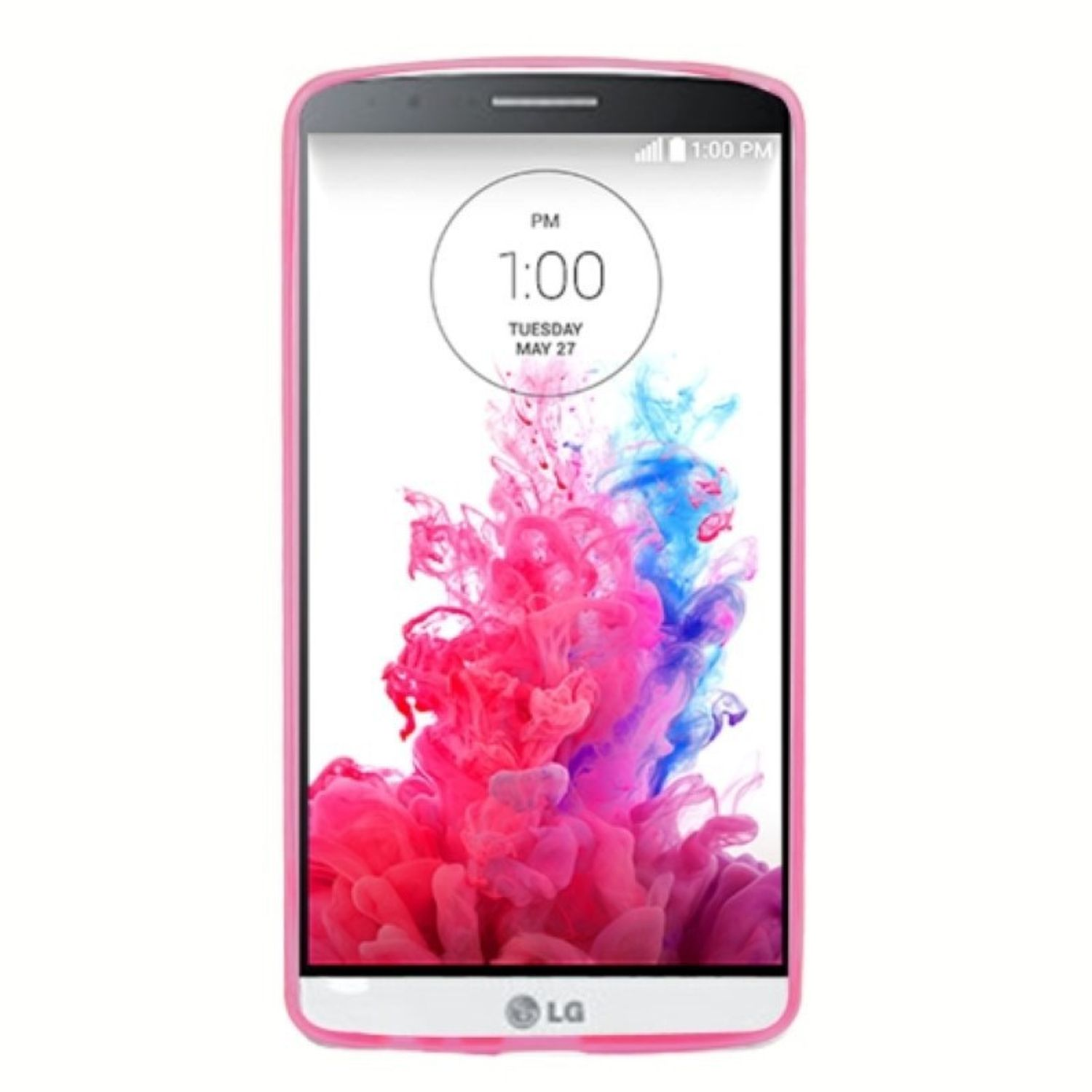 Eine rosa Handyhülle. Das Telefon zeigt eine Uhr und bunte Kunst auf dem Bildschirm.