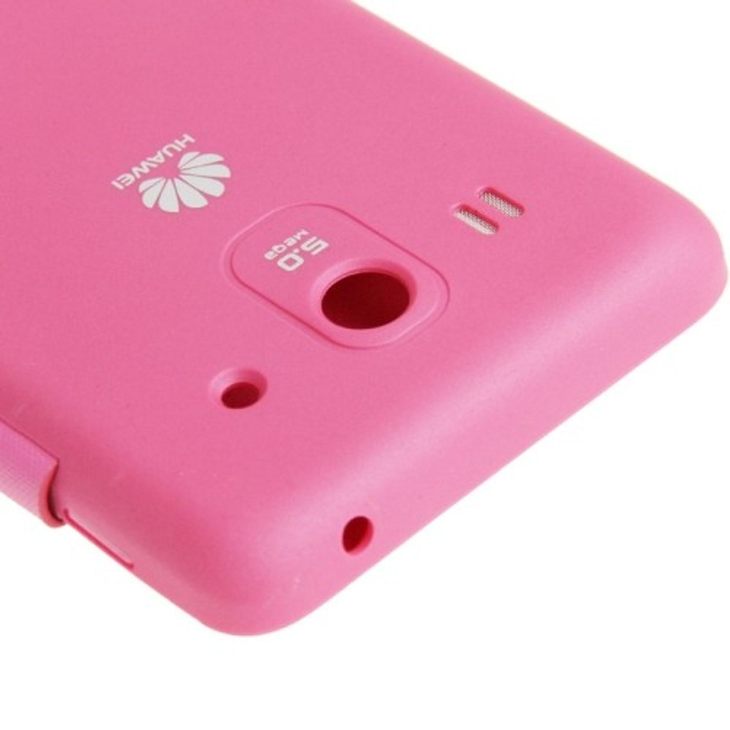 Pinke Telefonrückseite. Huawei-Logo. Kamera-, Loch- und Lautsprecherlöcher. Text: 5.0 Mega.