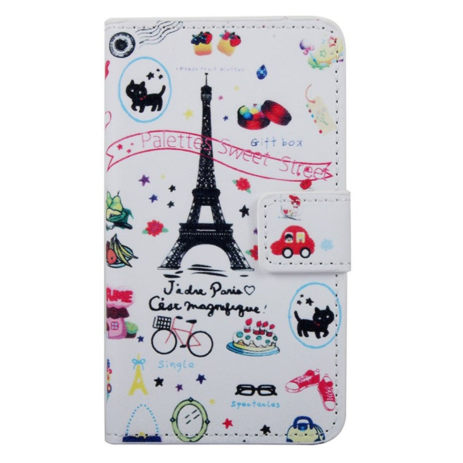 Weiße Handyhülle mit buntem Eiffelturm-Design und anderen Illustrationen. Geschlossen.