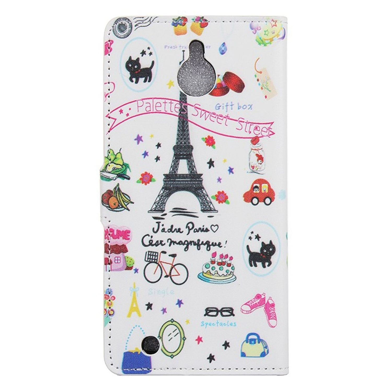 Weiße Handyhülle mit Illustrationen zum Thema Paris. Eiffelturm, Katze, Kuchen und andere Zeichnungen.