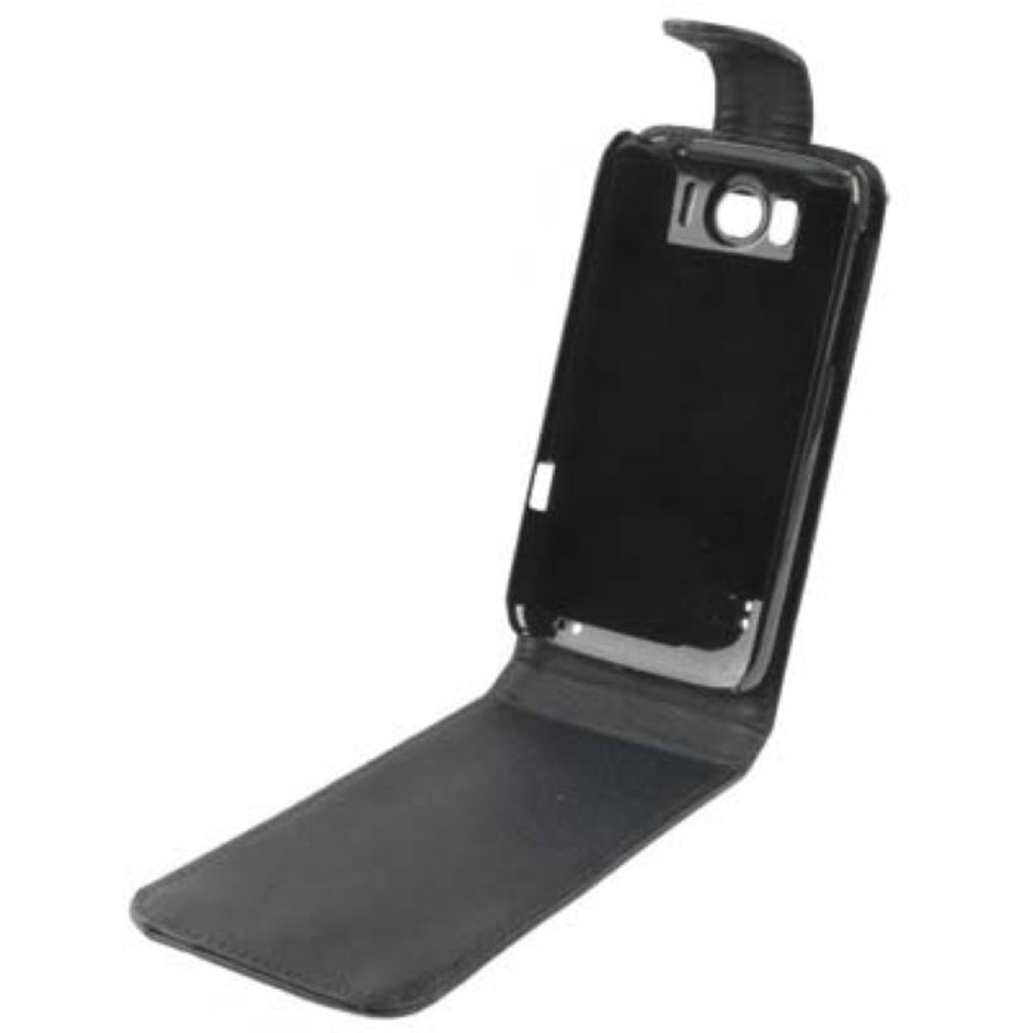Schwarze Handyhülle geöffnet. Es ist eine Lederhülle. Das Telefon ist innen sichtbar.