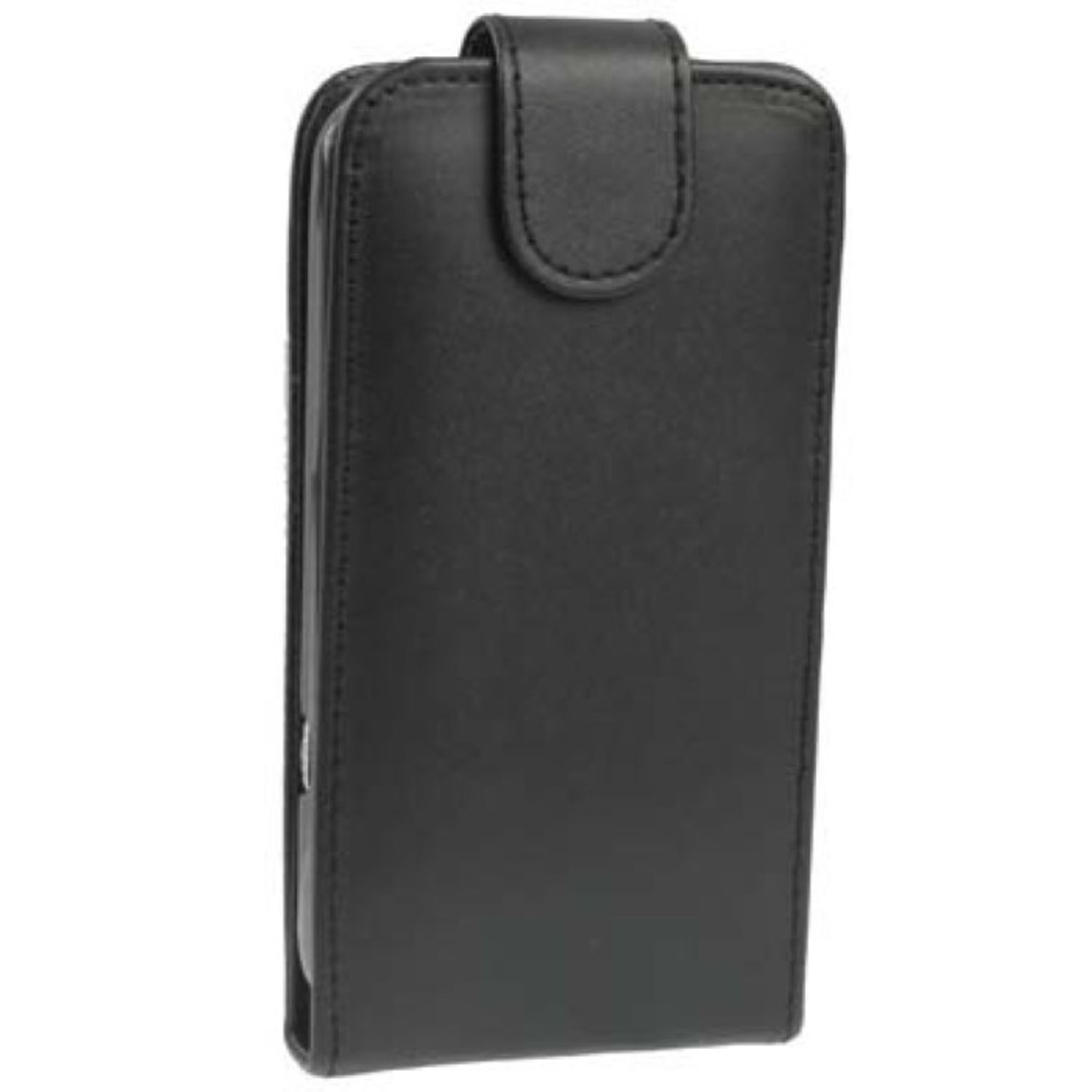 Schwarze Leder-Handyhülle, geschlossen. Geklappter Knopf.
