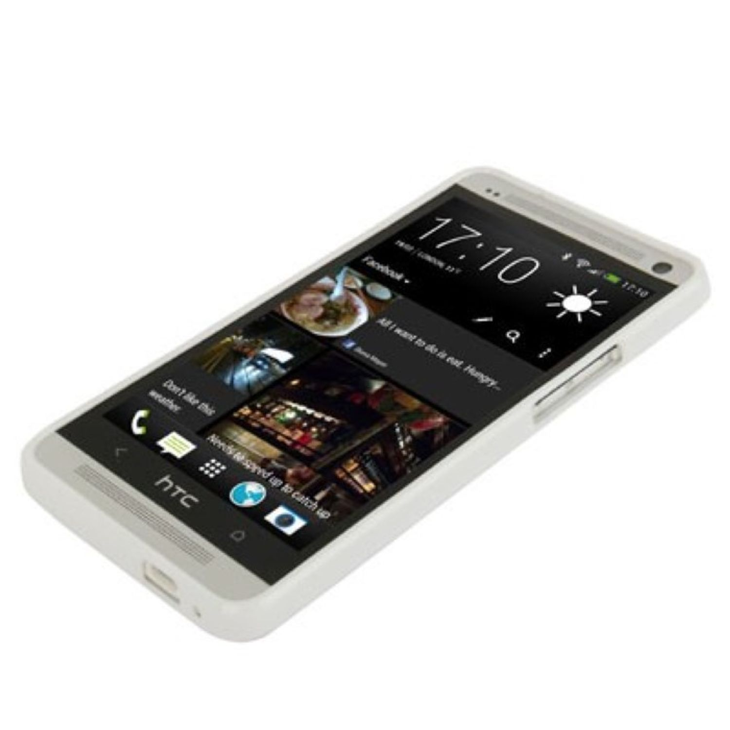 Weißes HTC-Telefon. Bildschirm zeigt Uhrzeit, Wetterinfos und App-Symbole. Weißer Rahmen.